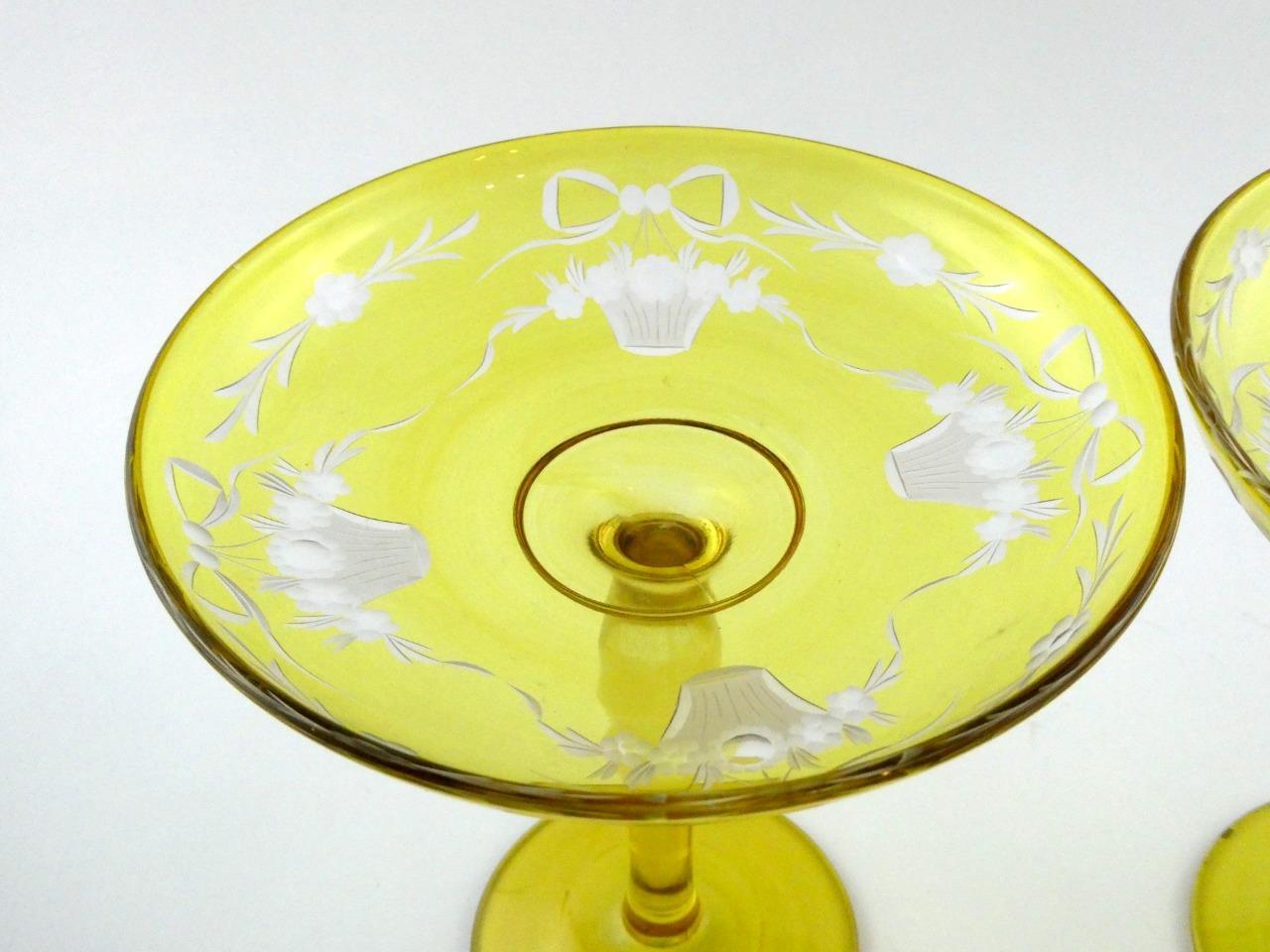 Antique 1900s Era Pair of Yellow and Clear Glass Compotes Swags Baskets VGOOD