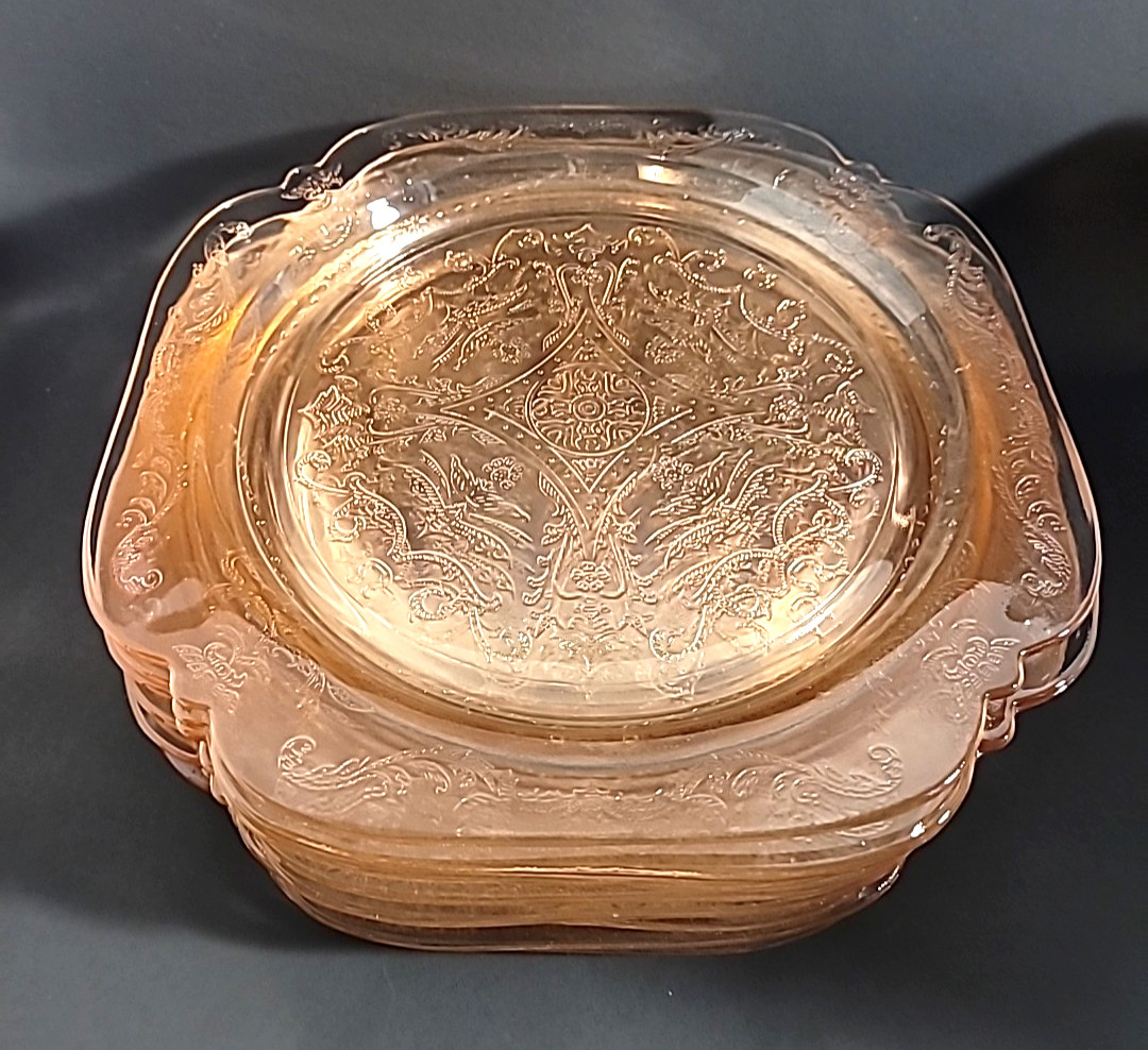 FEDERAL GLASS Madrid Pink Depression Glass 10.25″ Square Dinner Plate Set of 8