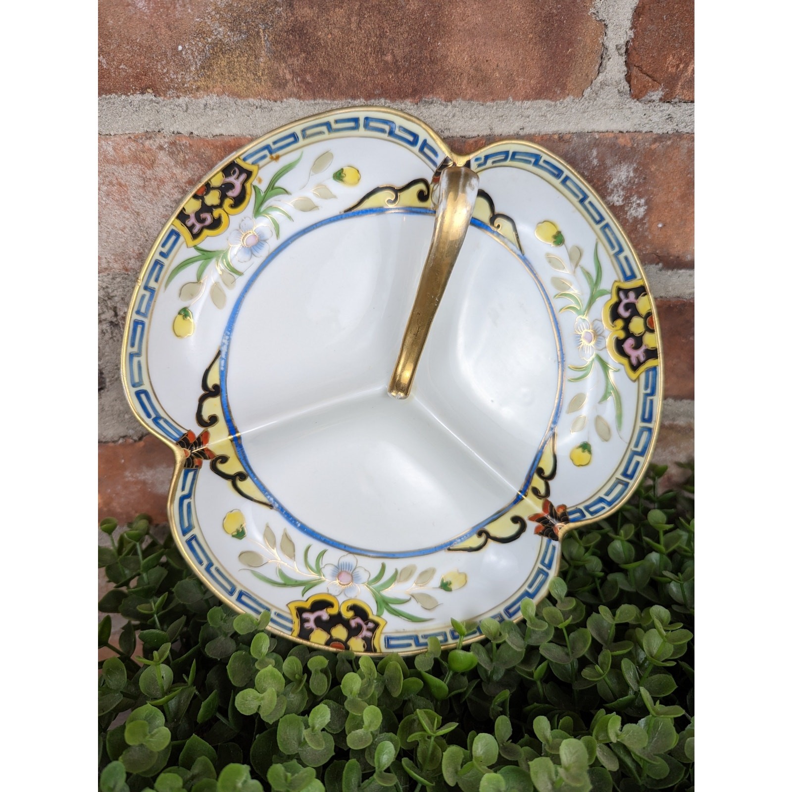 VTG Nippon Candy Dish Hand-Painted Floral Japan 1920-1950 Divided Gold Edge