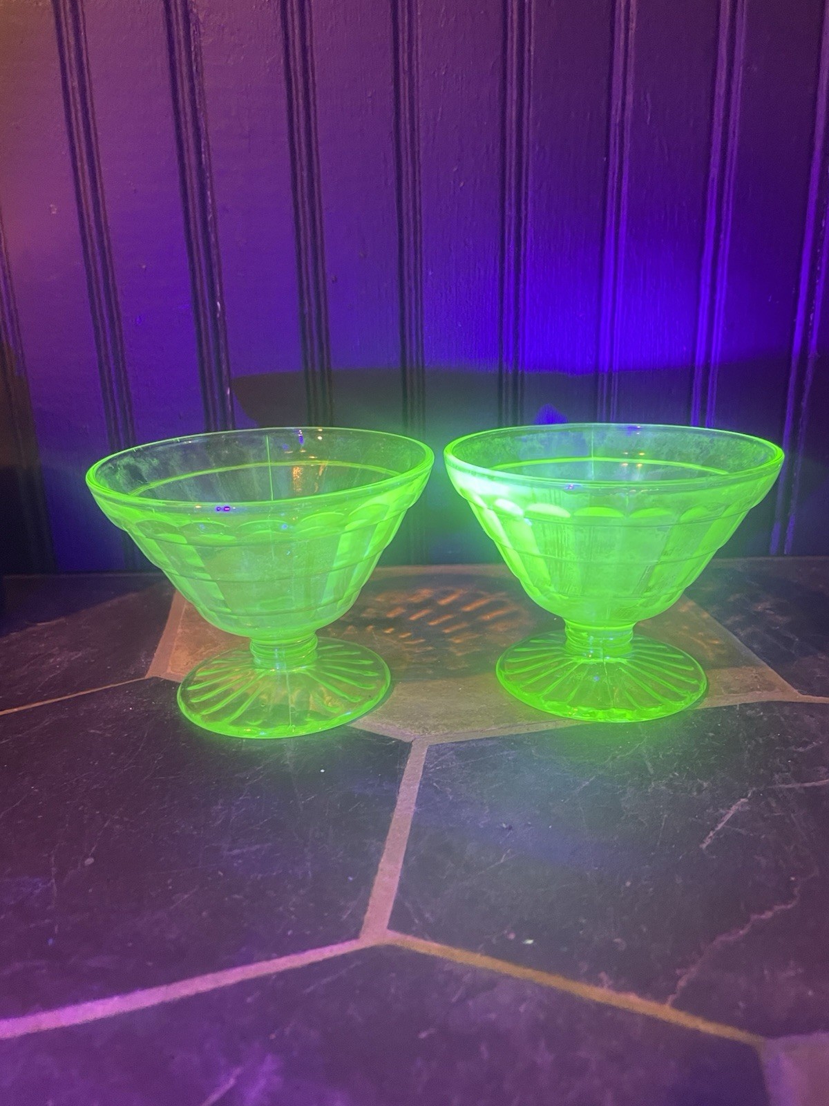 anchor hocking block optic uranium glass Set Of Two Sherbet Dessert Cups