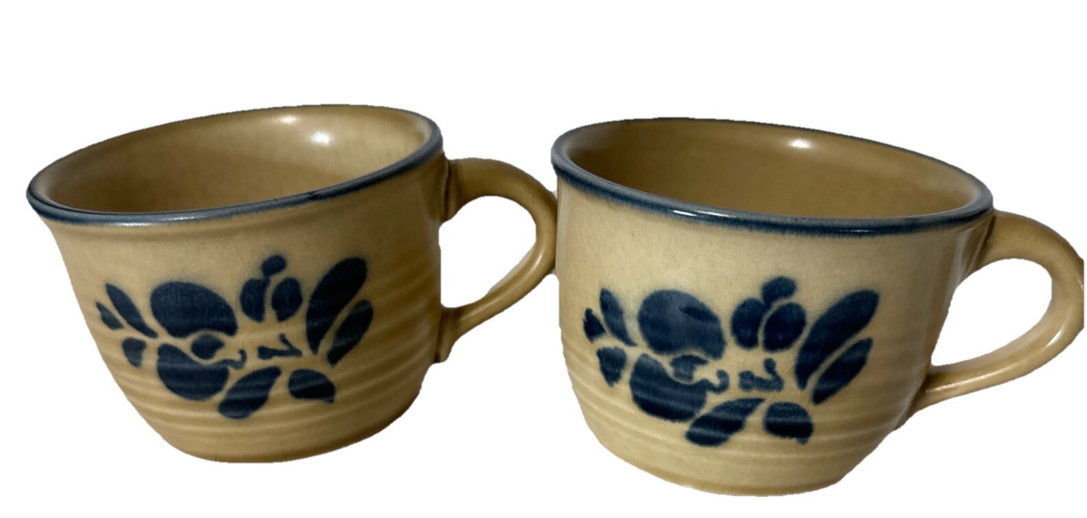 Pfaltzgraff Folk Art Coffee Tea Cups Mugs Blue Tan USA Stoneware Lot Of 2