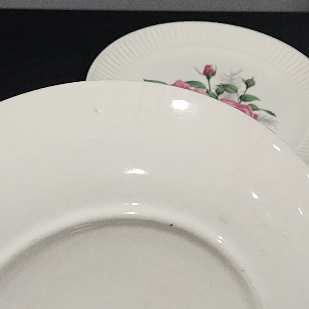 vtg 5 dinner plates 9″ ceramic white pink rose edge ribbed Cottage Decor wall