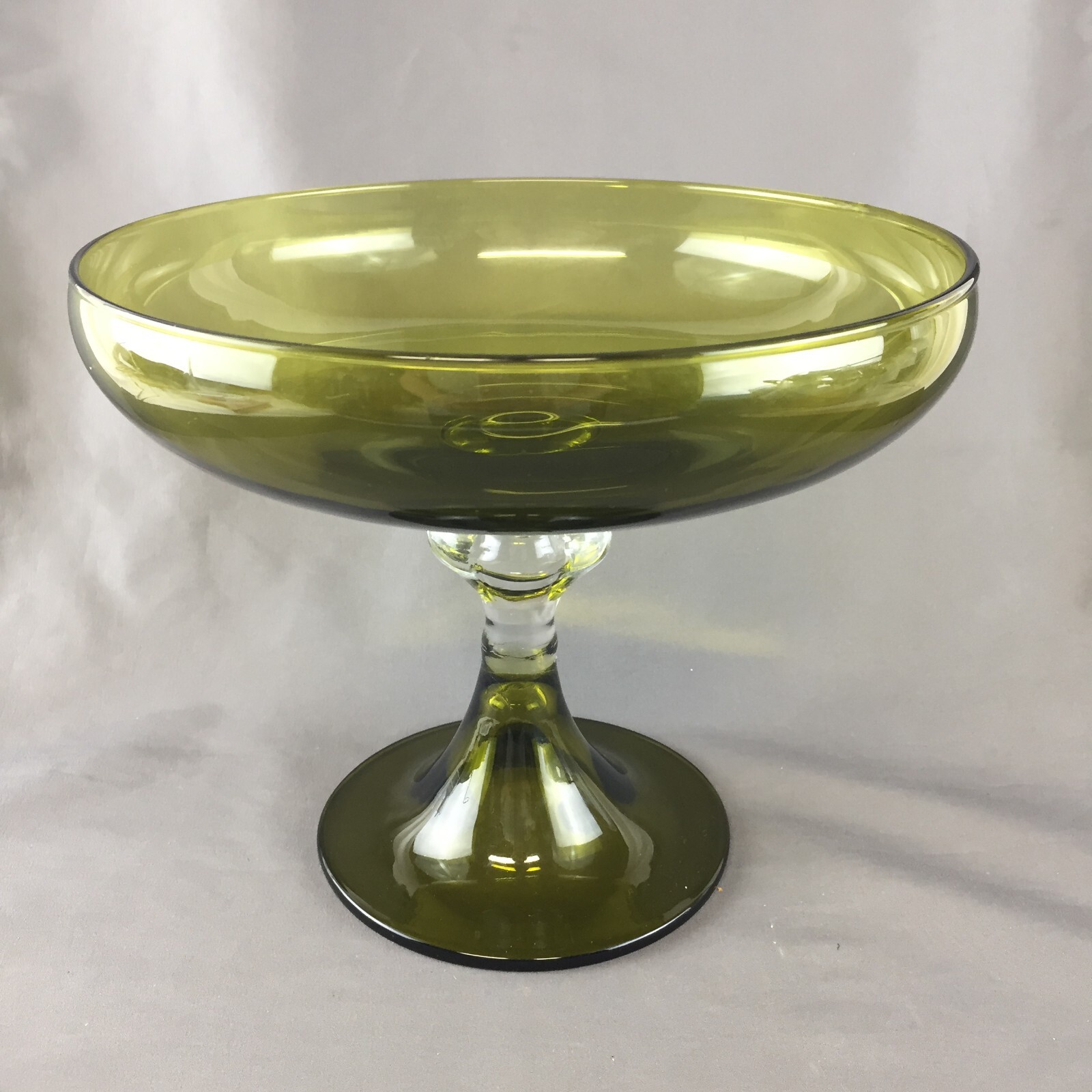 VTG Olive Green Footed Round Glass Compote Clear Stem 8 3/4″ Bowl, 7 1/2″ Tall