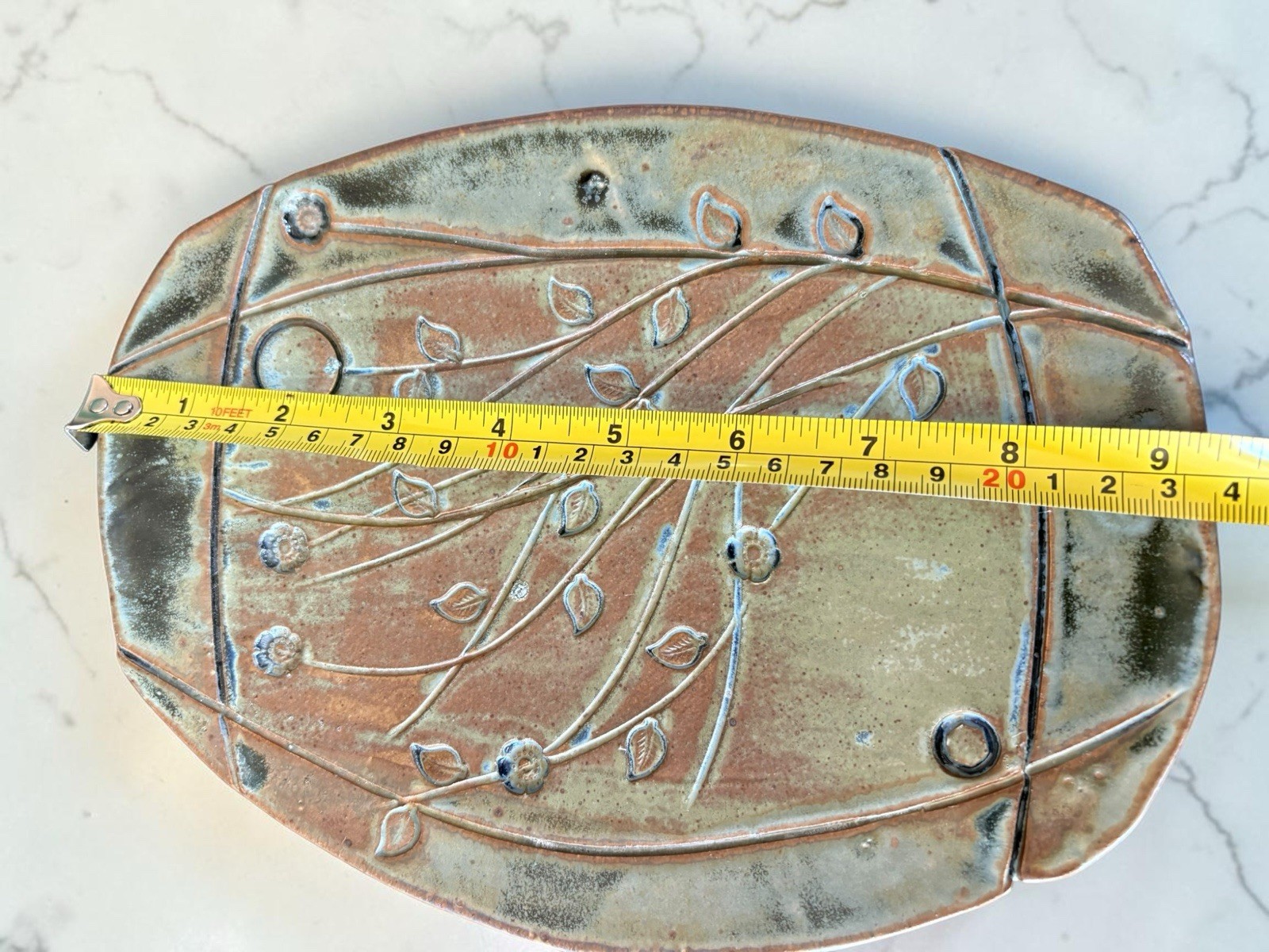 Studio Art Pottery Platter / Tray With Botanical Motifs, Incised And Signed