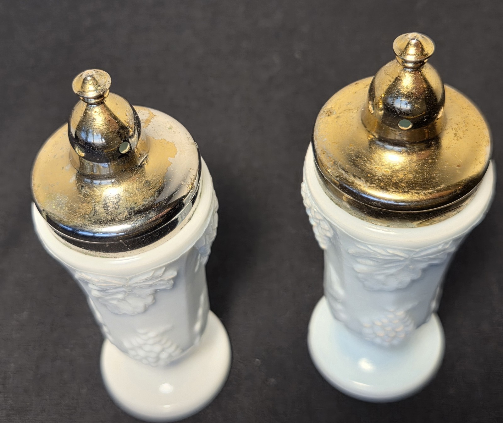 Vintage Milk Glass Salt & Pepper Shakers, Indiana Glass Harvest Grape Paneled