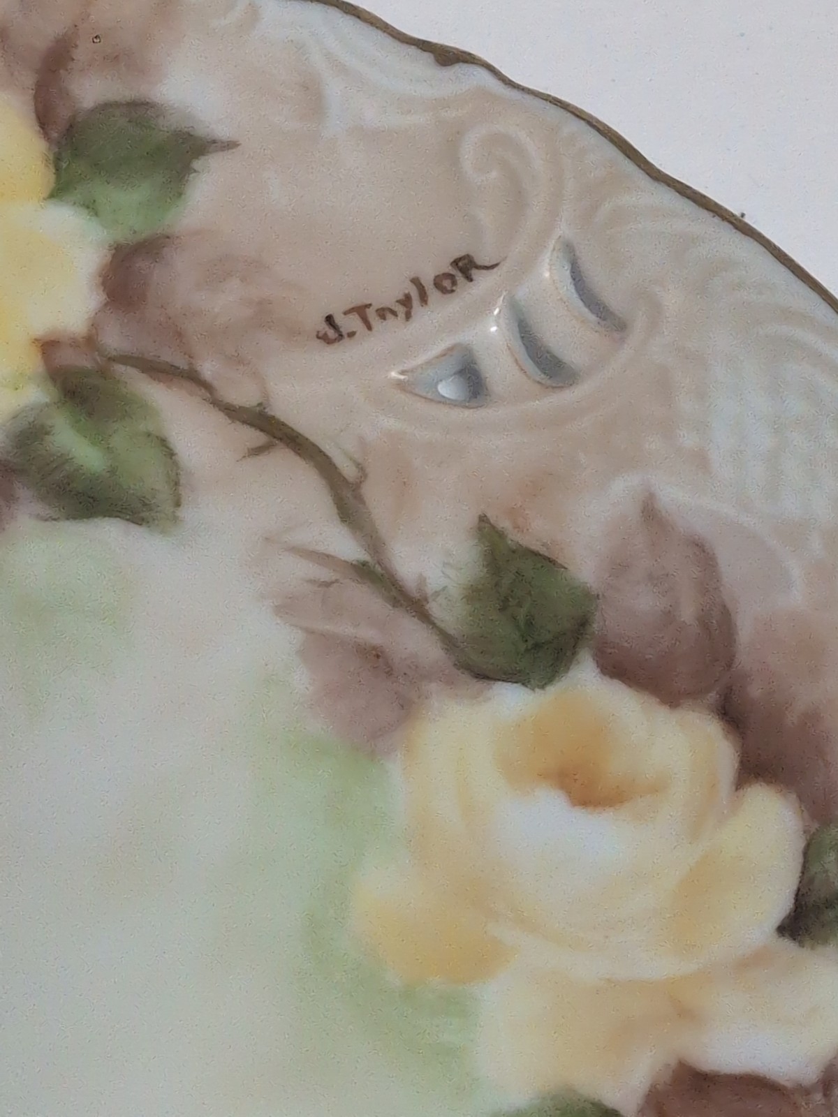 Vintage Hand Painted Plate Yellow Roses Gold Trim Pierced Rim Signed J Taylor 9”
