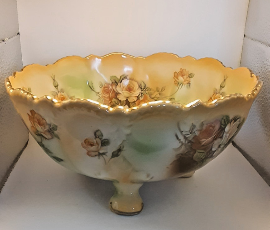 Antique R.S. Prussia Red Mark Hand Painted Floral Scalloped 10″ Bowl Gold Trim