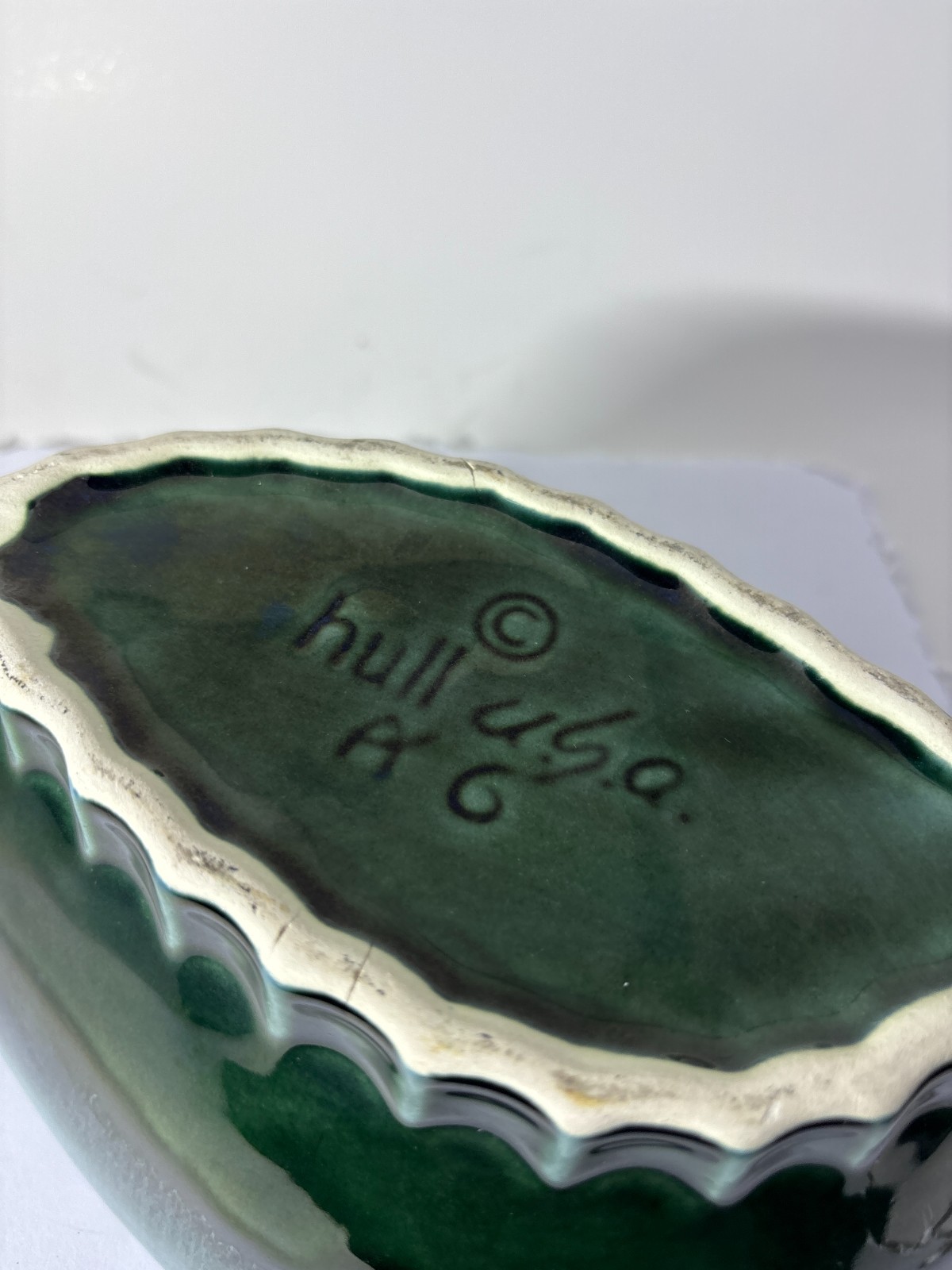 Vintage Hull USA Pottery Blue Green Drip Glaze Scalloped Bowl B-6 MCM