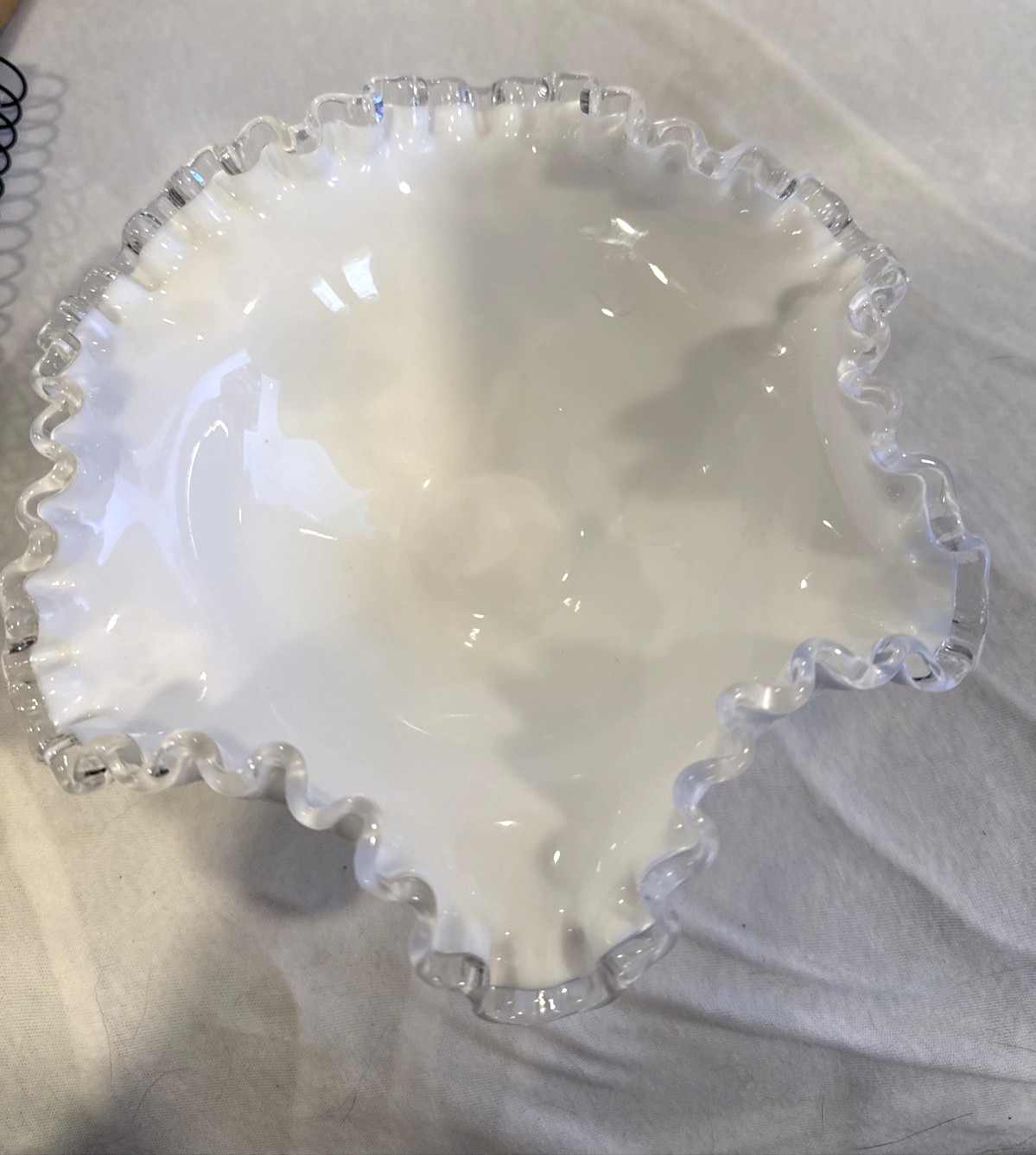 8″ White Glass With Clear Ruffled Edge Bowl