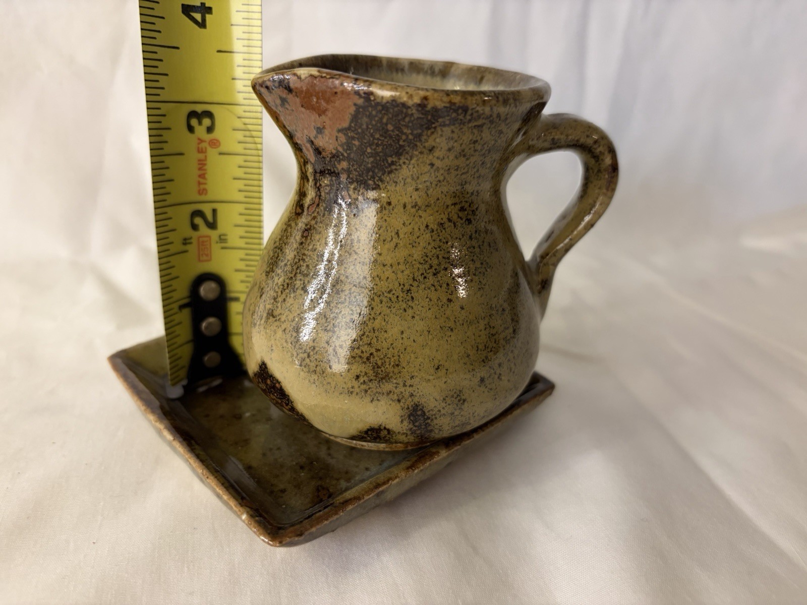Small Vintage Pottery Creamer Pitcher & Saucer Green & Brown Set