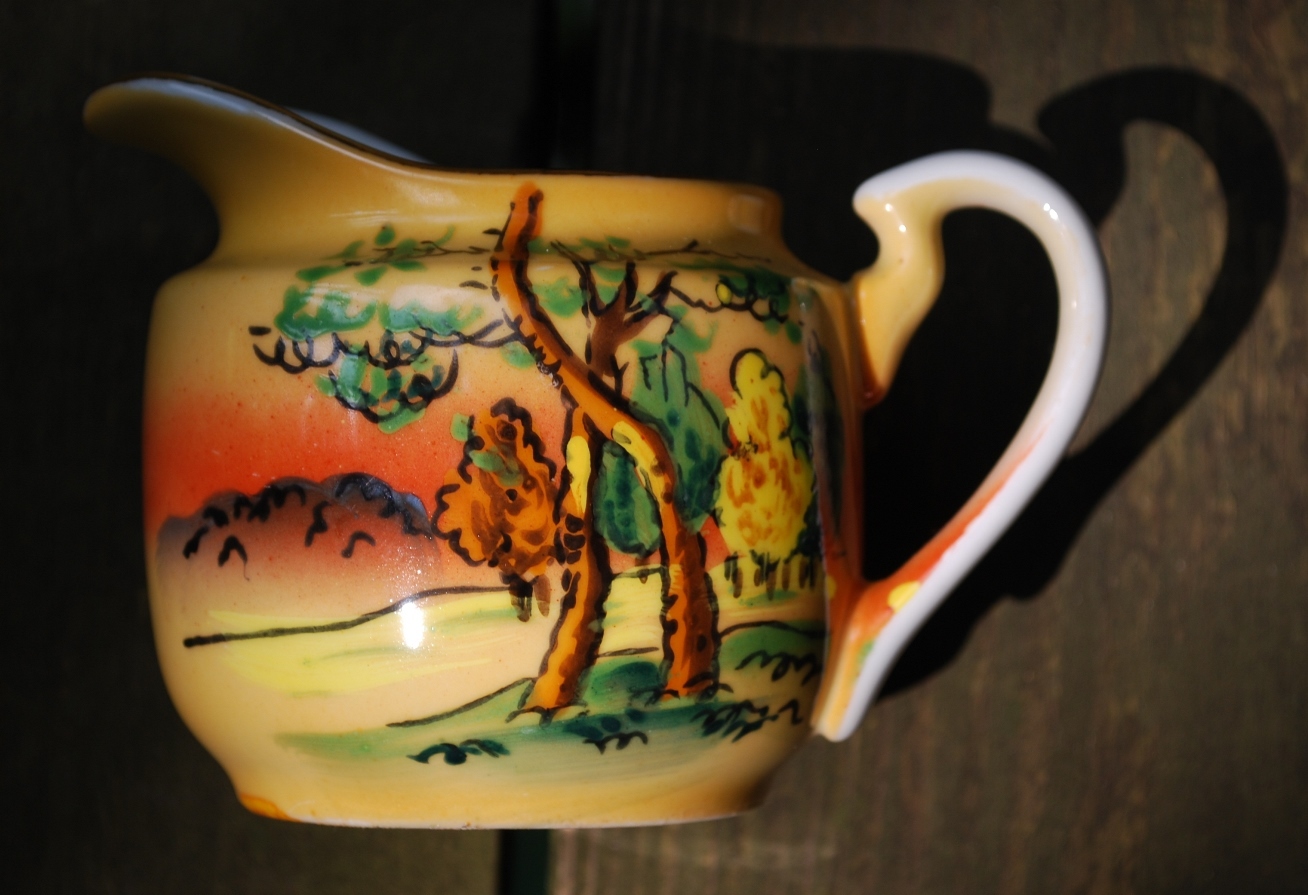 Vintage FANCY CREAMER 1920s Japan Hand Painted Porcelain LANDSCAPE Tree Scene