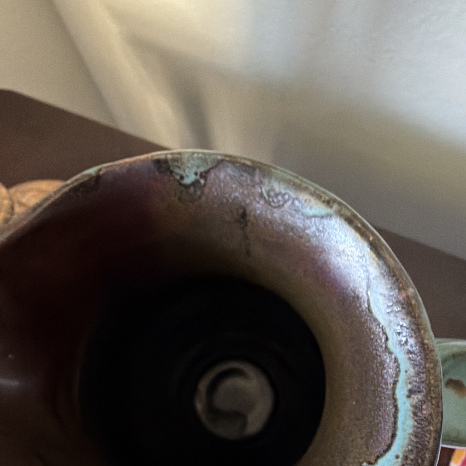 Blue Brown Speckled Stoneware Pottery Pitcher w/ Handle Glossy initials HW