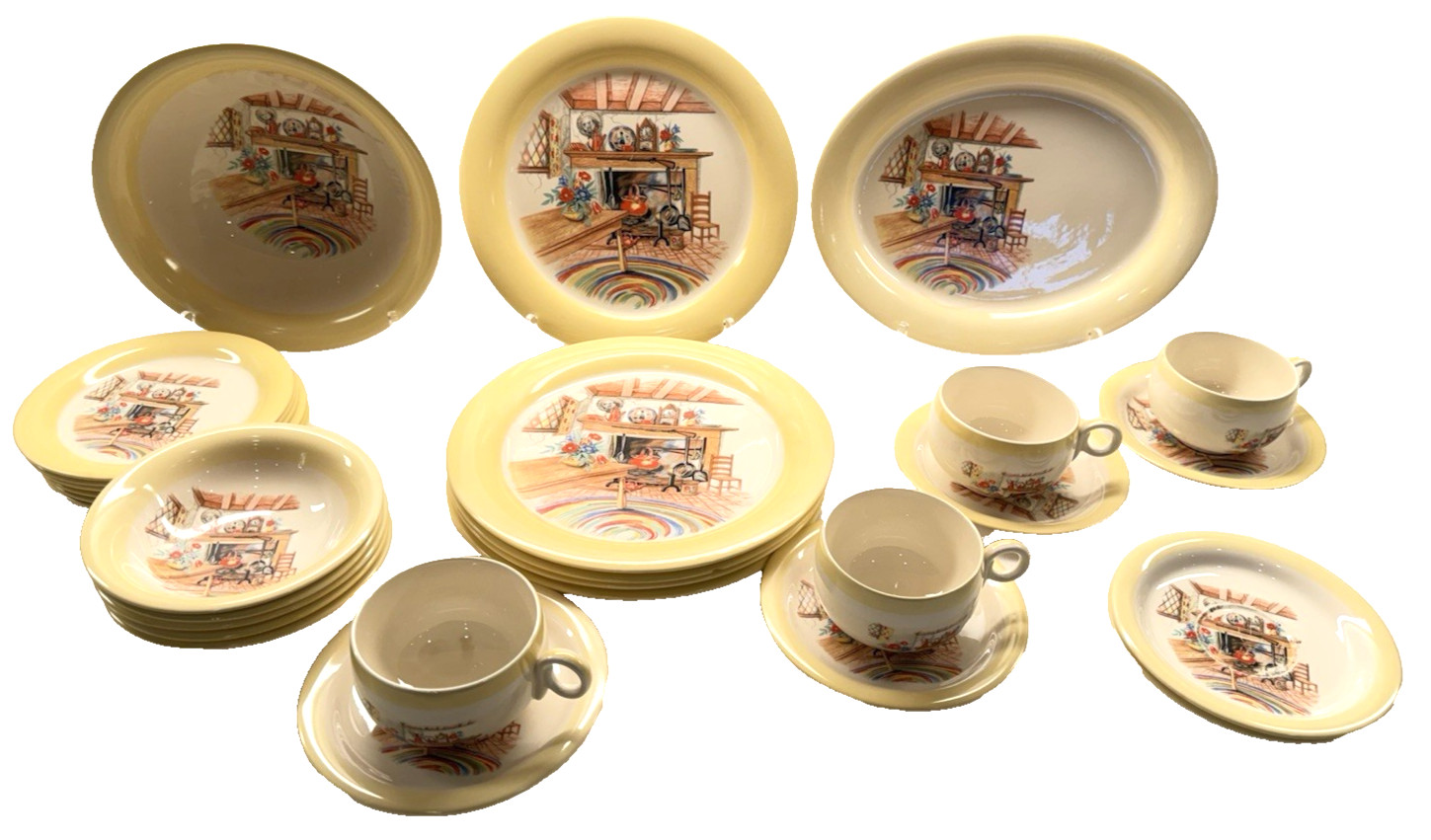 26pc Homer Laughlin Eggshell Colonial Kitchen Hearth Yellow Rim 1941 Swing Set