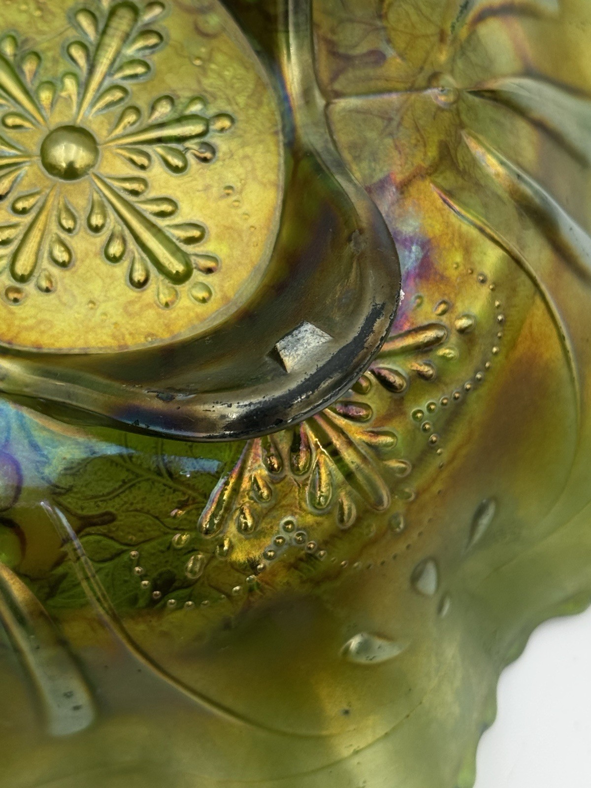 Northwood Green Grape And Cable Spt. Ftd. Carnival Glass Bowl