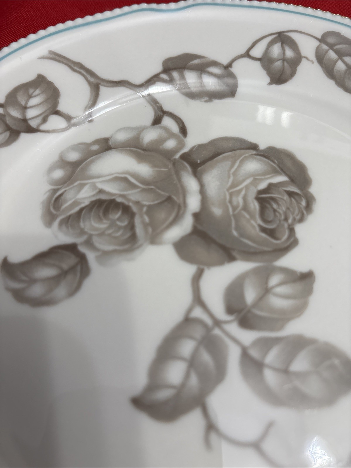 Castleton China Gloria 8″ Salad Plate Blk Rose Gold Trim W/ Blue Pinstripe