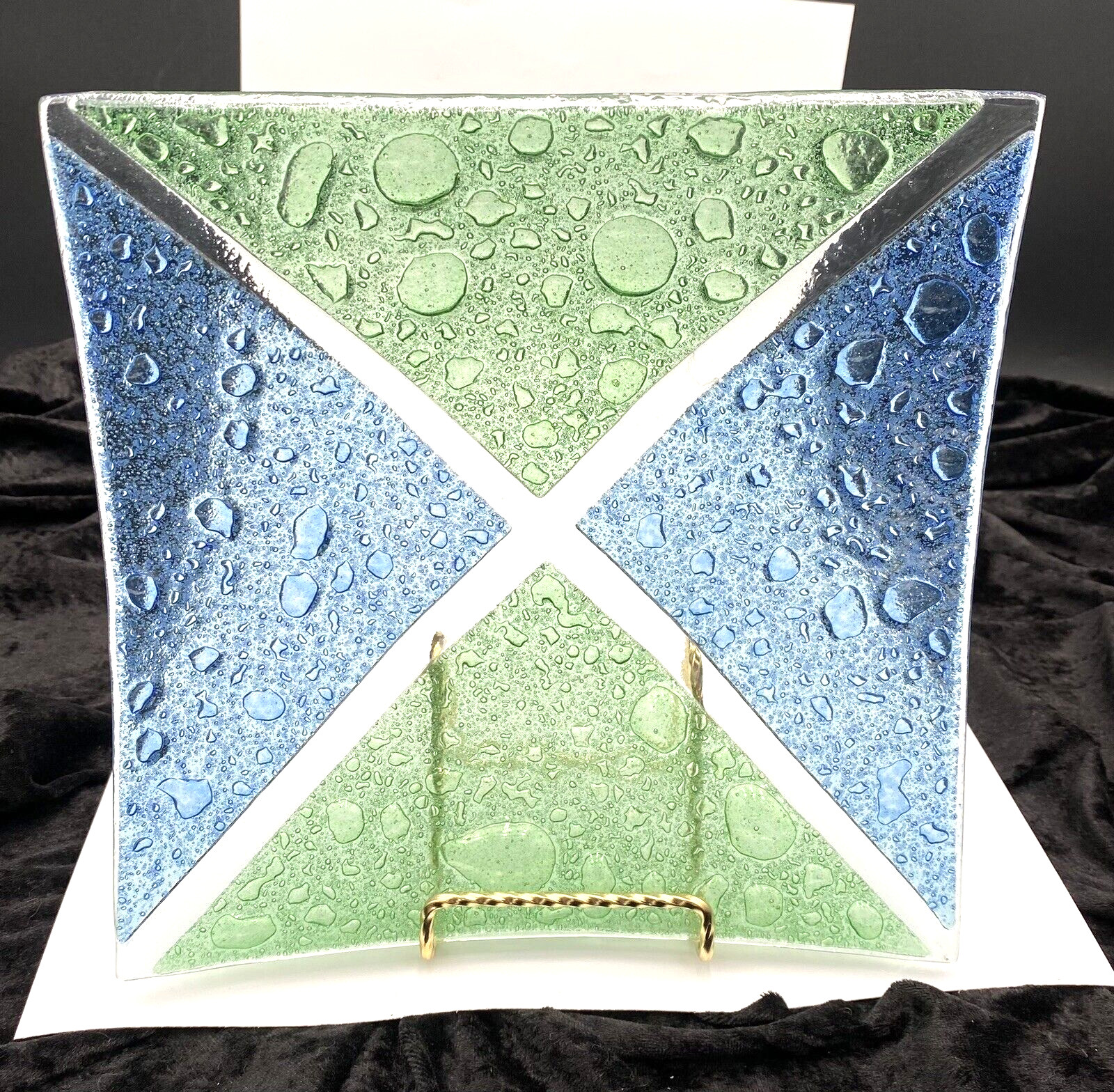 Fused Art Glass Plate, 9″ Curved Square, Green, Blue and Clear Glass w/Bubbles