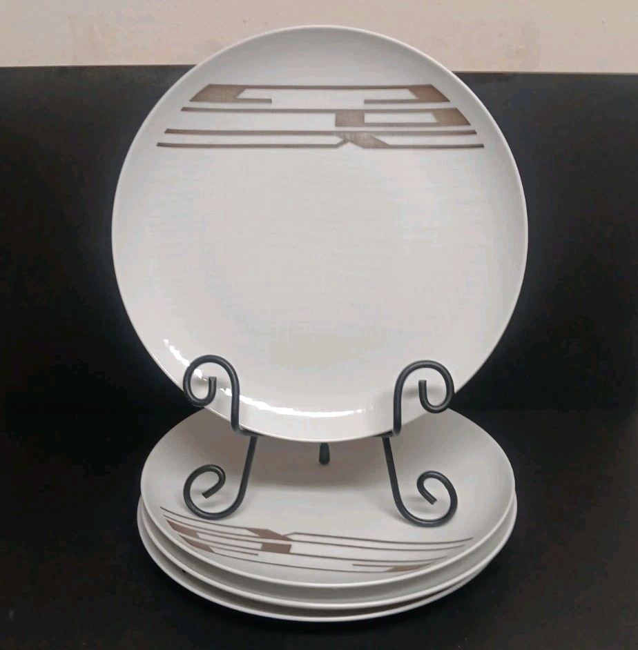 HTF Dorothy C Thorpe Porcelain Dinner 4 Plates White Silver MCM Geometric