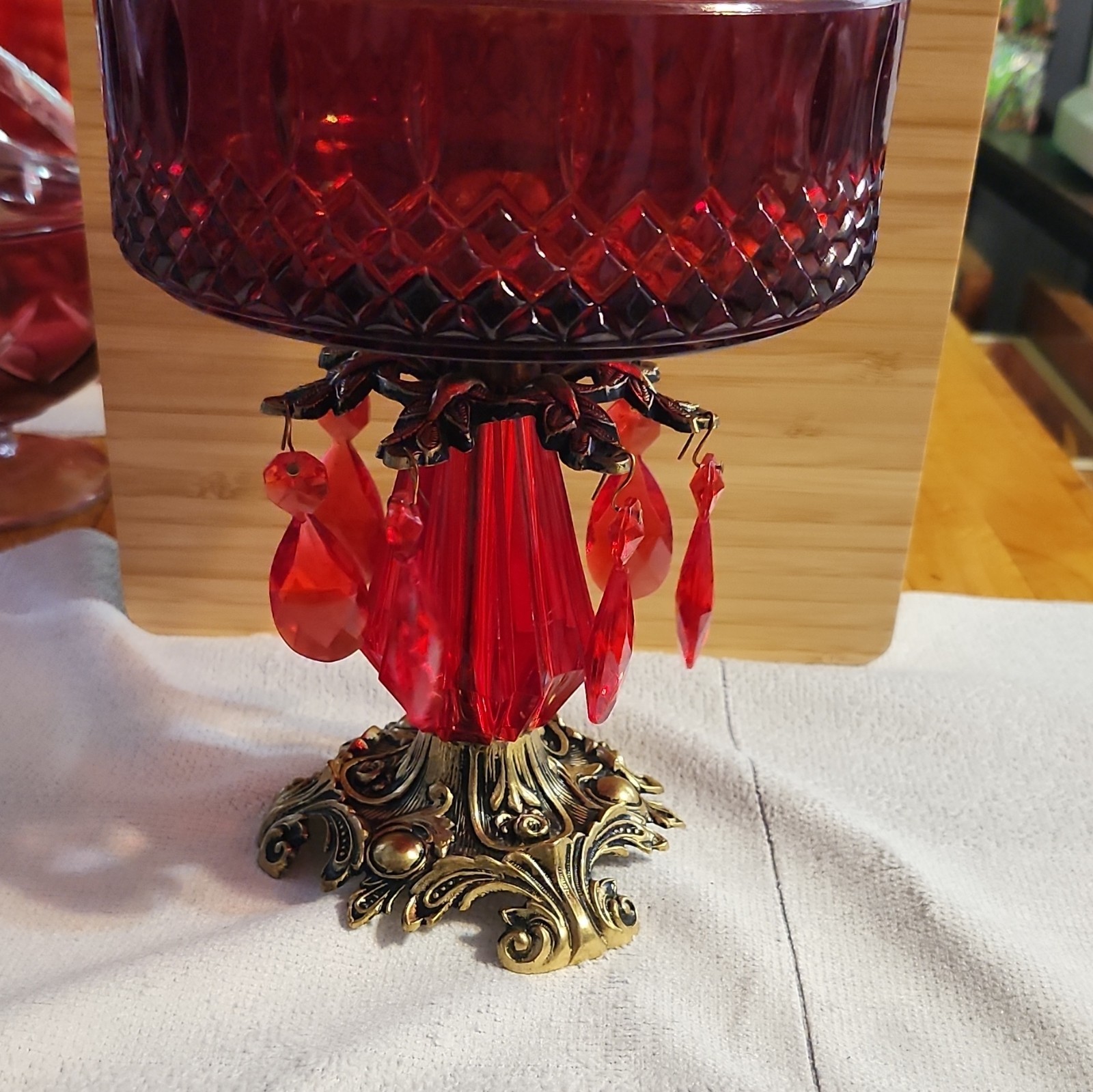 Red Glass Pedestal Compote Bowl w/ Hanging Prisms, Ornate Gold-Tone Base
