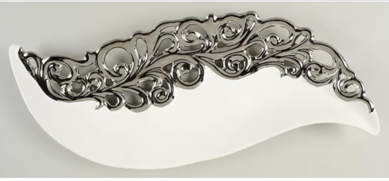 222 Fifth PTS International Pierced Silver Platinum Feather Serving Platter NEW