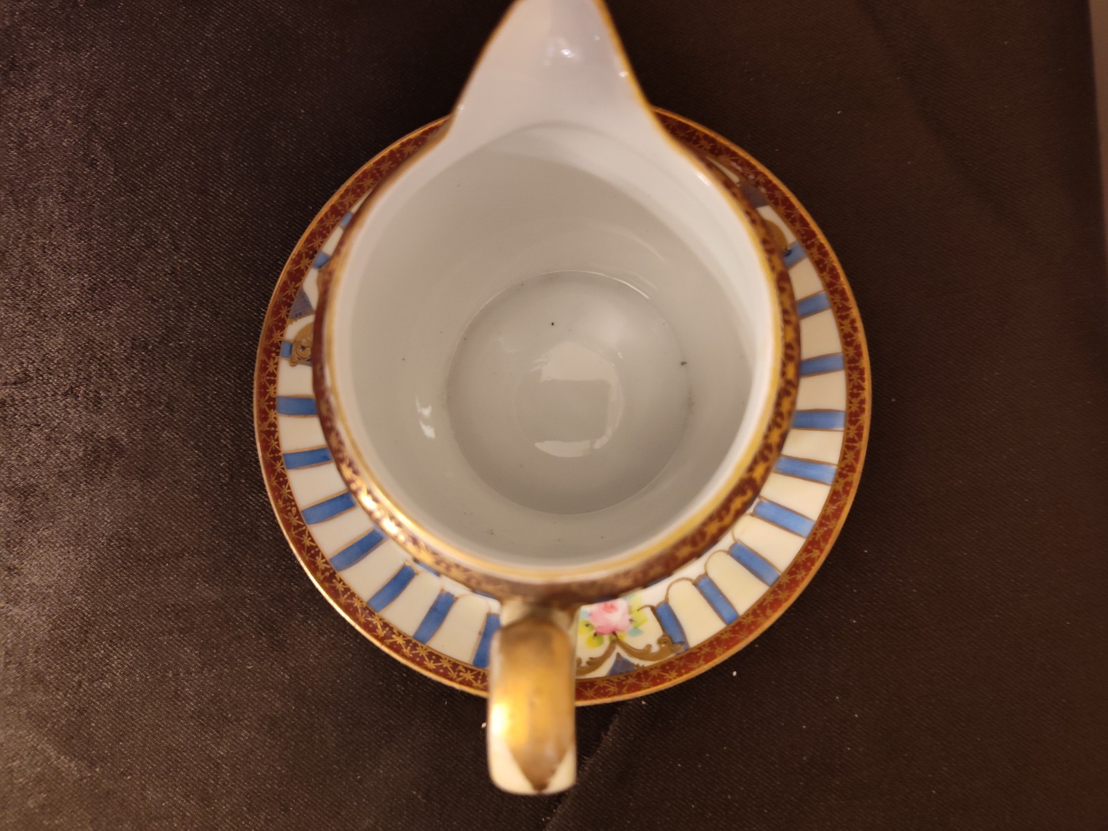 Nippon Porcelain Hand Painted Creamer And Saucer W/ Rose Design, Gold Trim