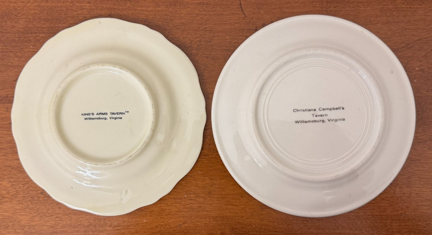 (2) Williamsburg Dessert Bread Plates King’s Arms Tavern & Christiana Campbell’s