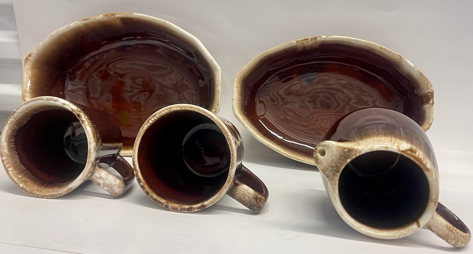 Vintage MCM Brown Drip Glaze Pottery Set Mugs Bowls Creamer USA Oven Proof