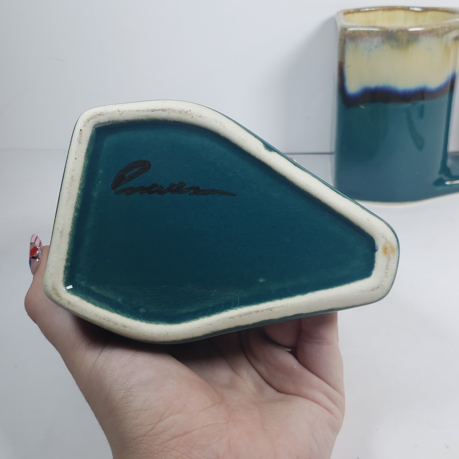 2 Rodolfo Padilla Coffee Mugs Green Blue Beige Drip Glaze Pottery Stoneware READ
