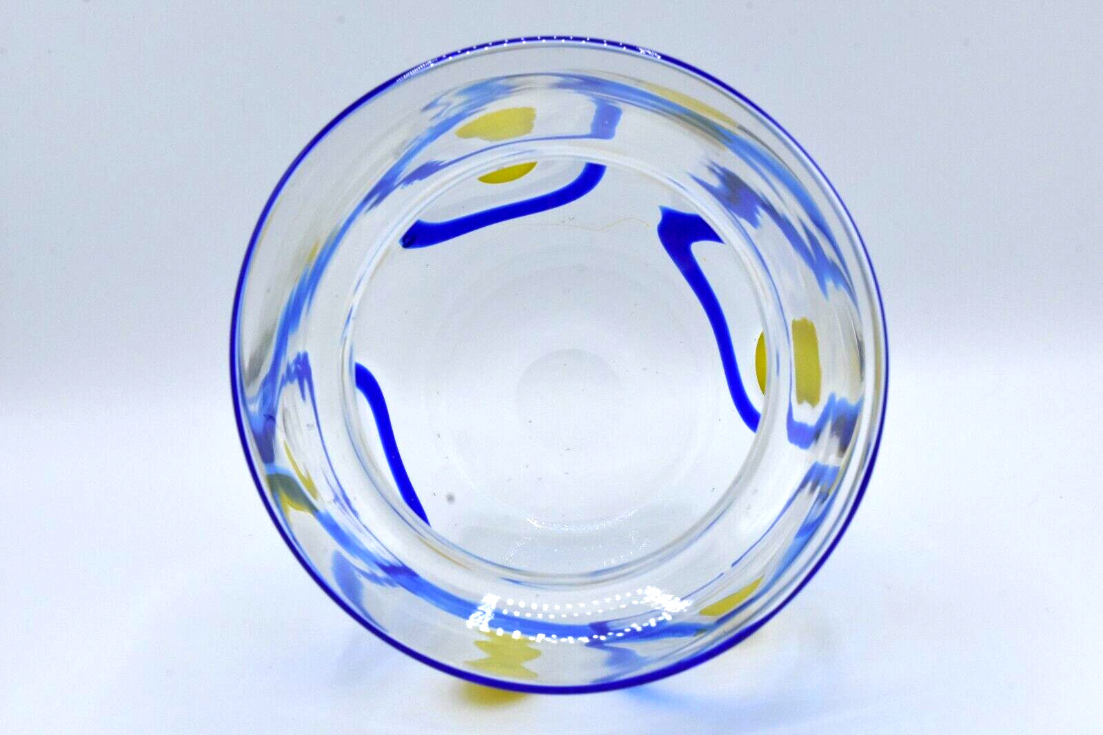 Hand Blown Art Glass Vase Clear with Cobalt Blue Swirls Yellow Spots Mexico?