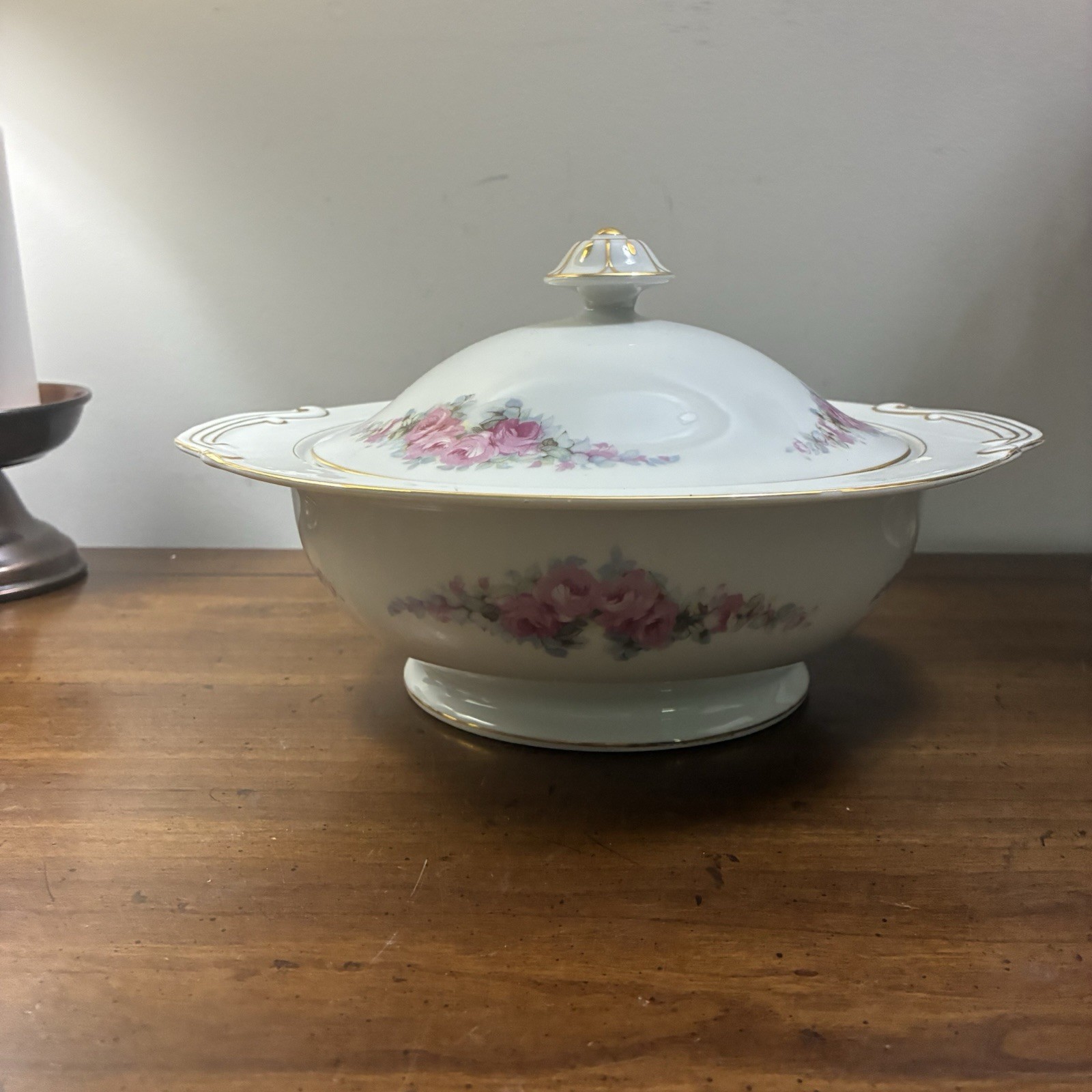 Vintage Fine China Corona Serving Bowl W Lid Pink Roses Made In Occupied Japan