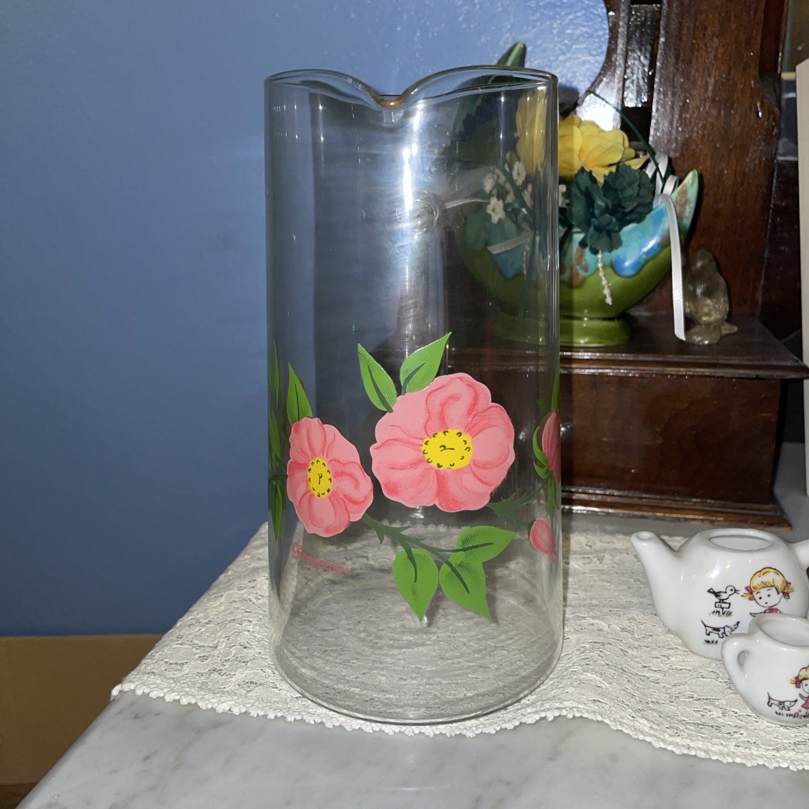 Vintage Franciscan Desert Rose Clear Glass Pink Flower 7.75 in Cocktail Pitcher