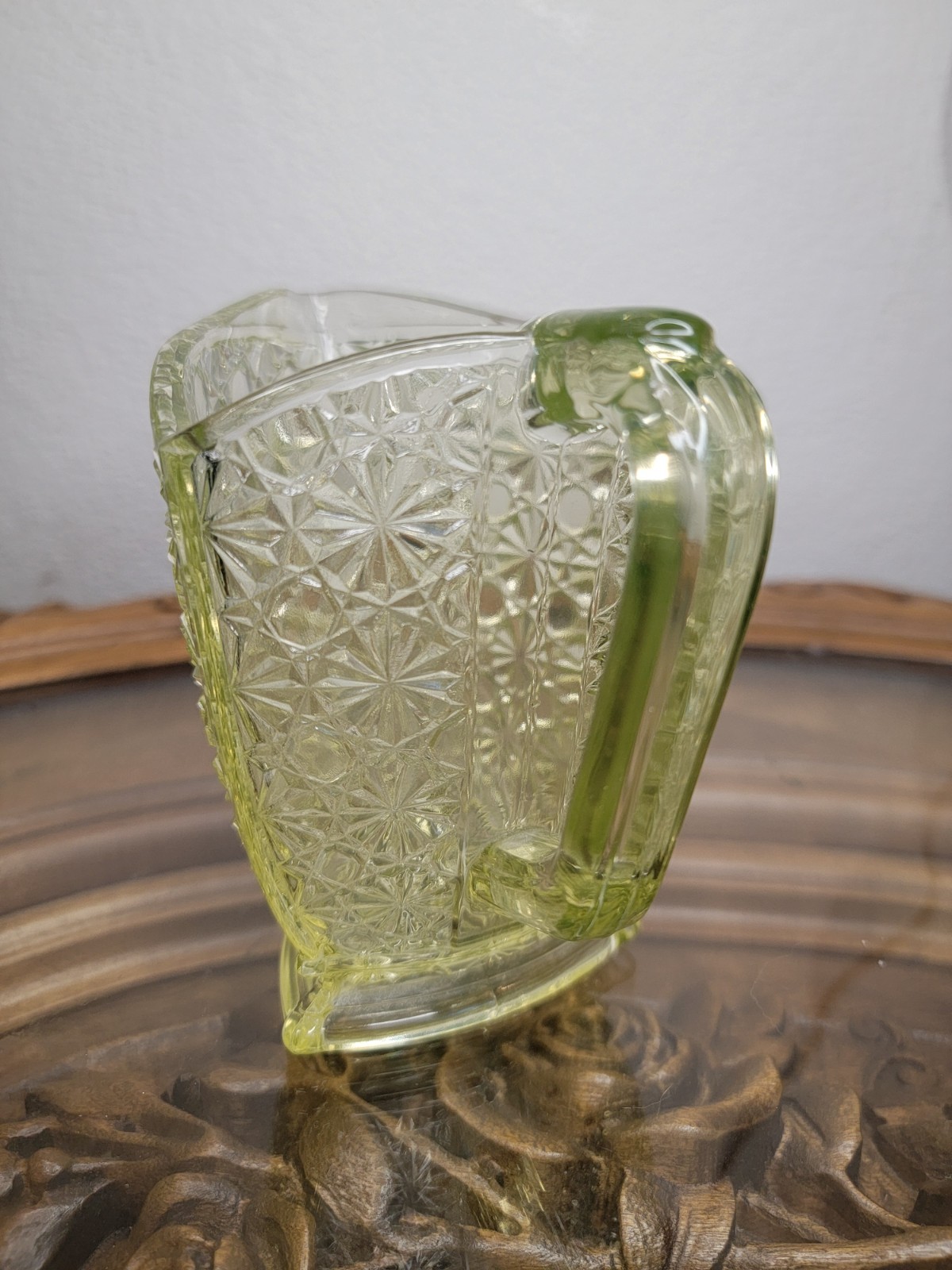 Gillinder & Sons Antique Vaseline Yellow Uranium Glass Triangle Cream Pitcher