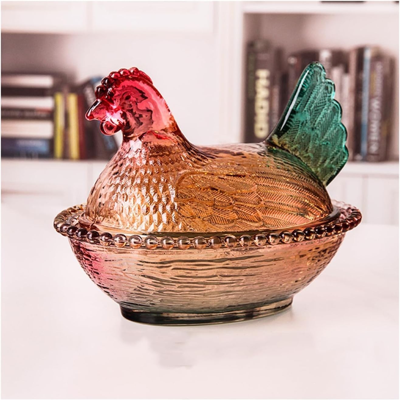 Vintage-Style Glass Hen on Nest Dish with Lid, Colorful Pedestal Candy Bowl