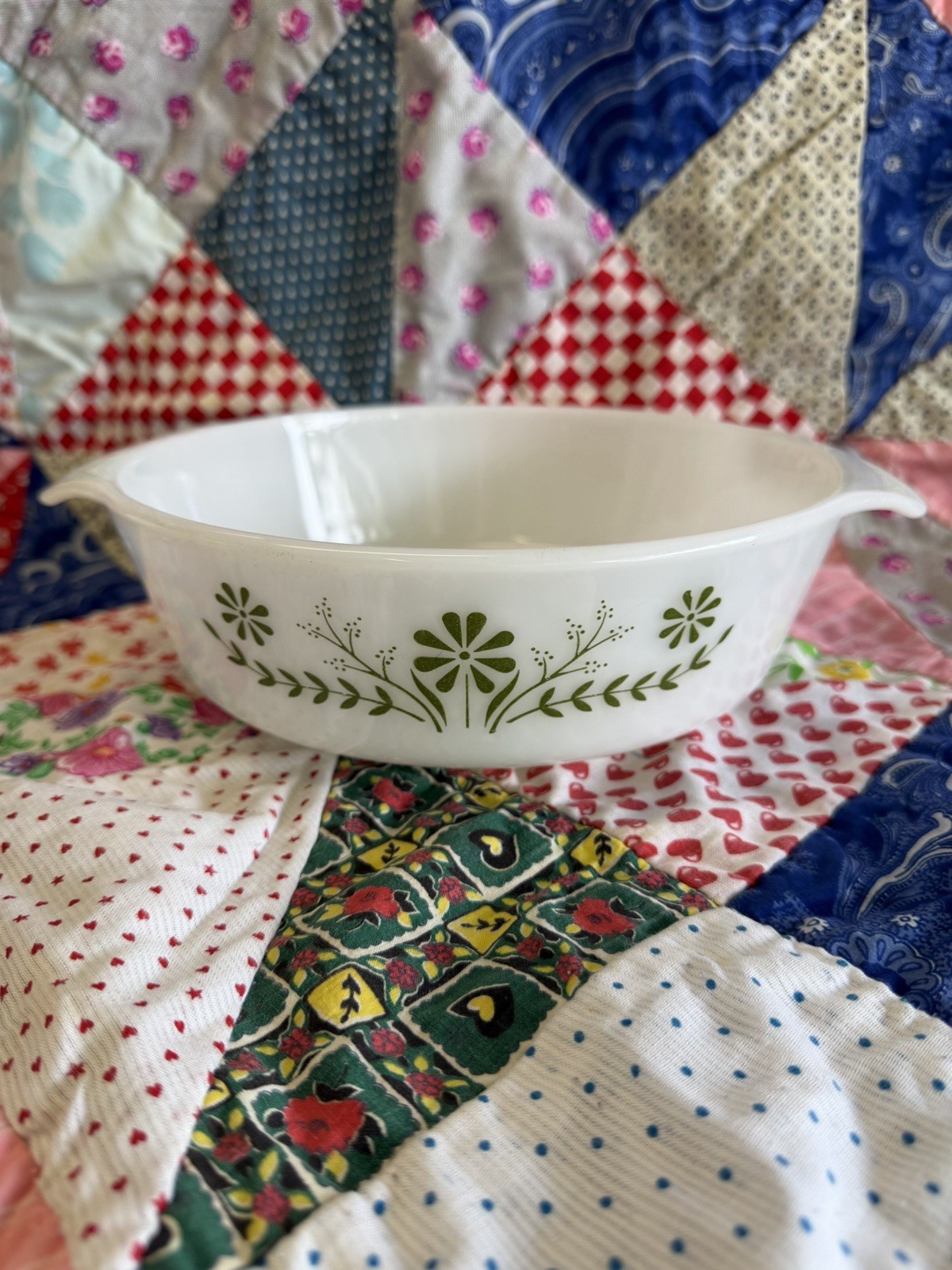 Vintage Glasbake Green Daisy Round Casserole Baking Dish/Bowl