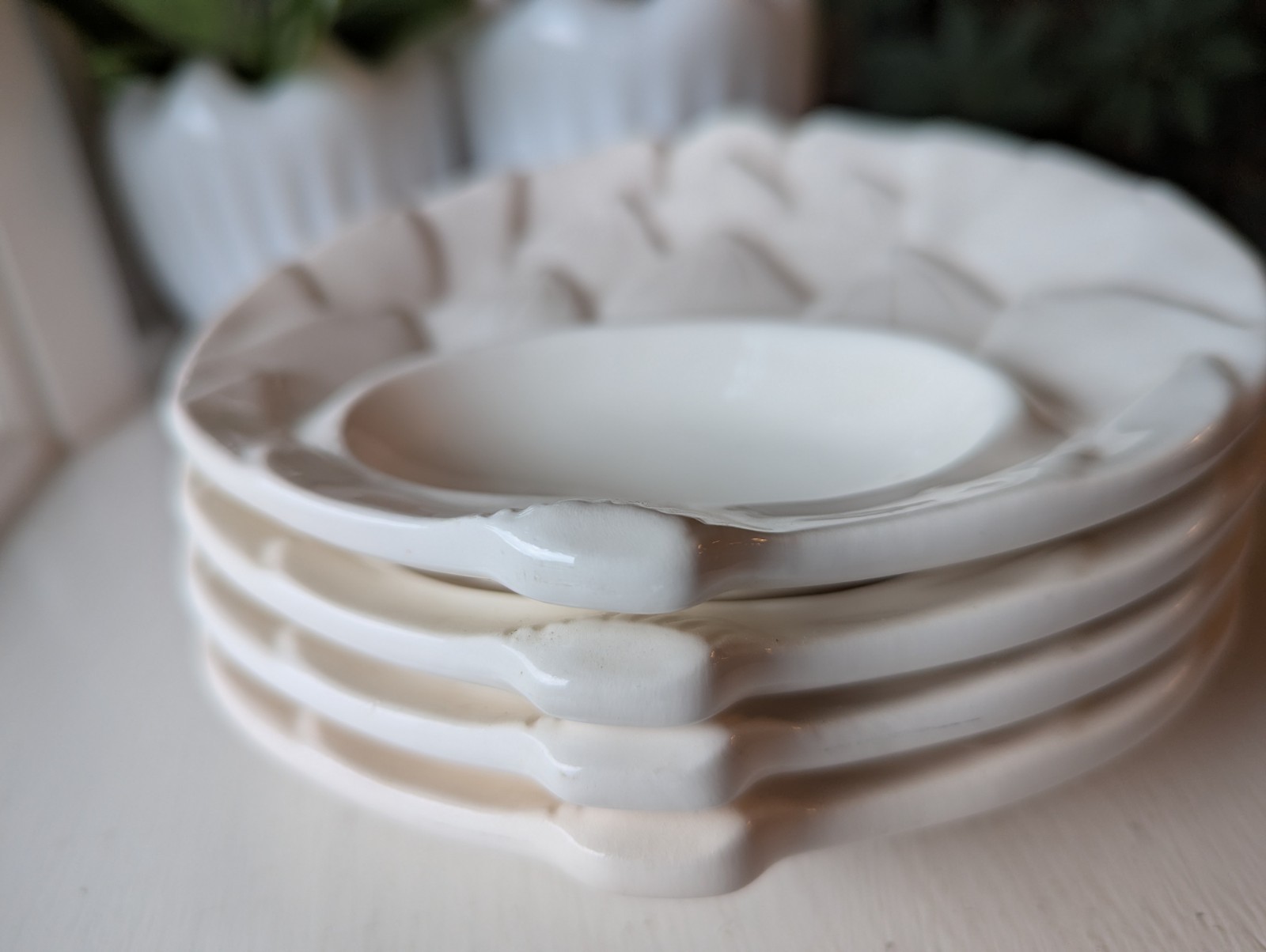 Set of 4 White Artichoke Shaped Appetizer Divided Plate Dish Vintage Japan