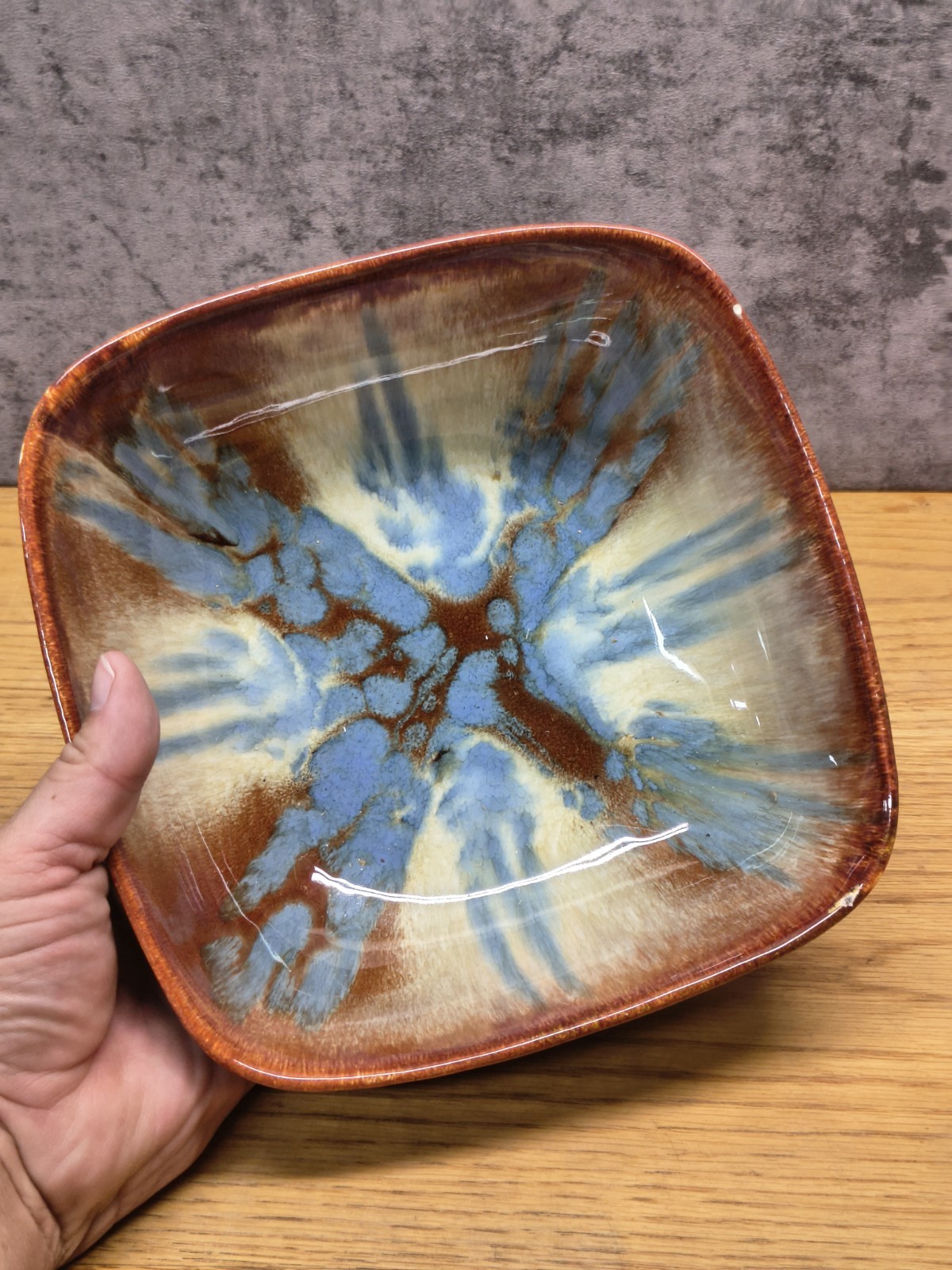DRYDEN OZARK FRONTIER POTTERY BROWN DRIP GLAZE SERVING SQUARE BOWL SIGNED