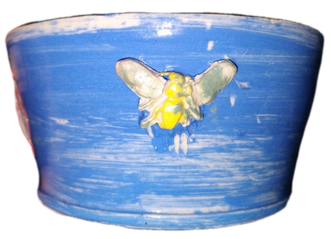 Blue Hand Made Pottery Bowl with Pink,Yellow Flowers & Bee motif 5inch