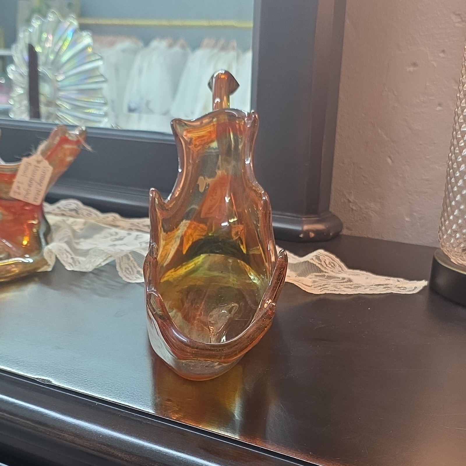 Vintage 1960’s Murano Marigold Swirl Cornucopia Swan Carnival Glass Bowl USA