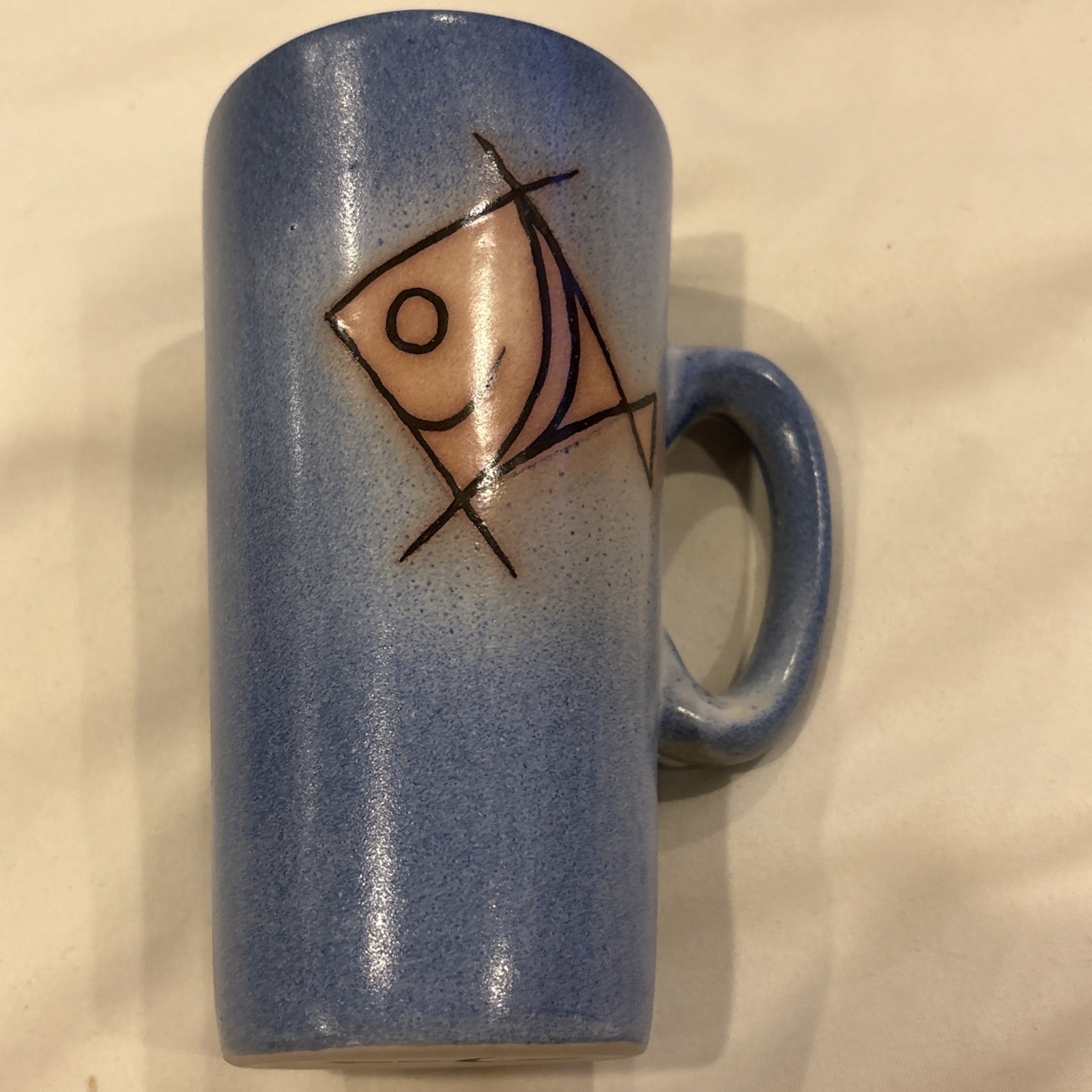 Studio Art Pottery Signed Blue Fish Coffee Tea Mug Handmade 5.7” Tall