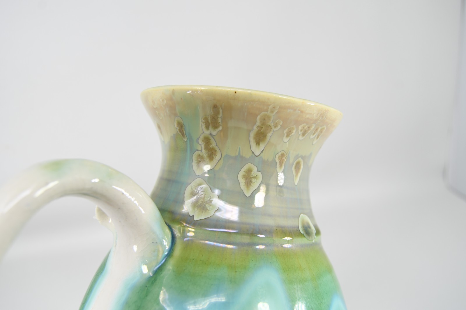 VTG Studio Art Pottery Pitcher Applied Flower Drip Flow Crystalline Glaze Signed