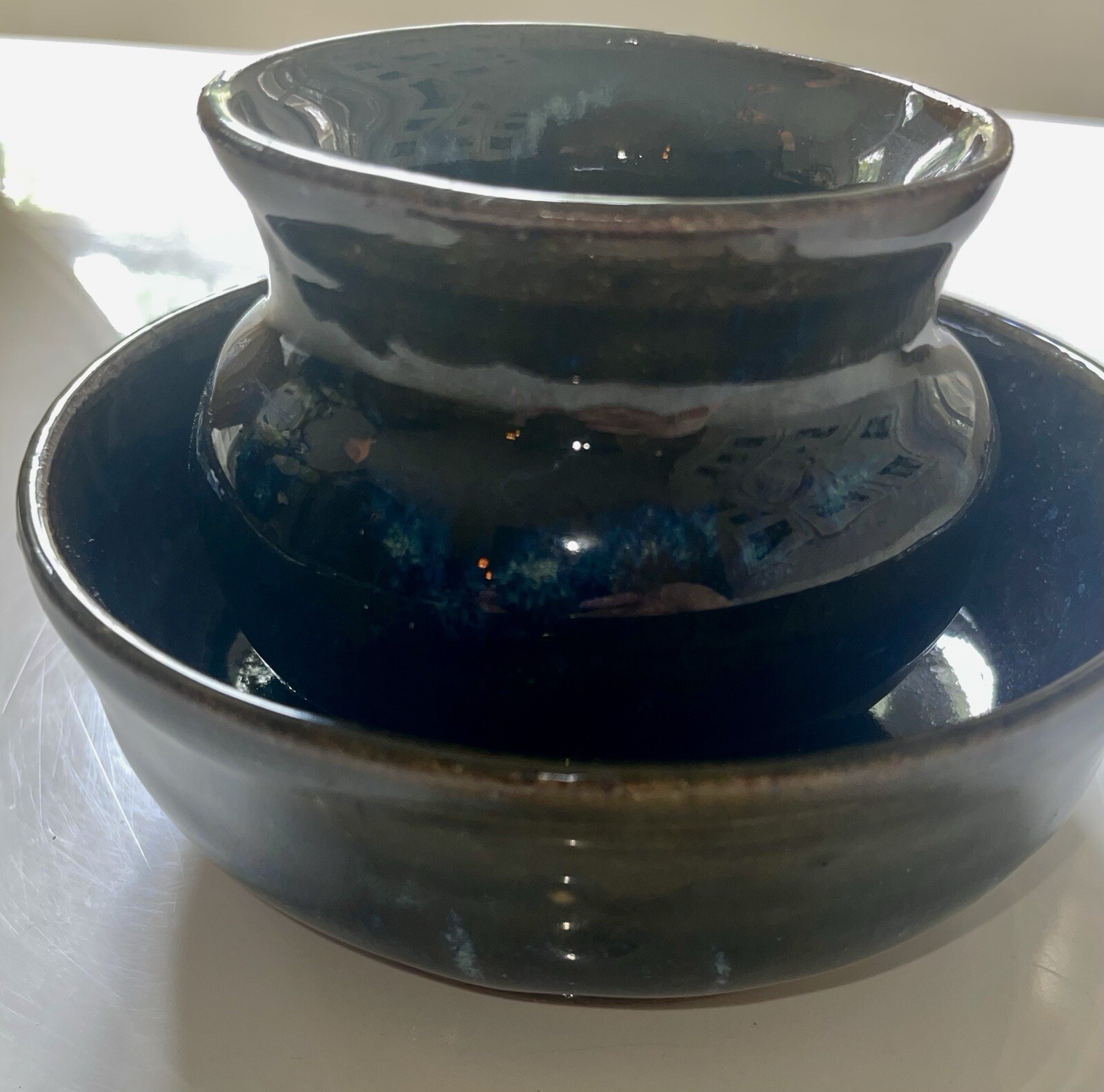 2 Pc Signed Studio Pottery Planter / Saucer Moody Blue Drip Ceramic Hand Thrown
