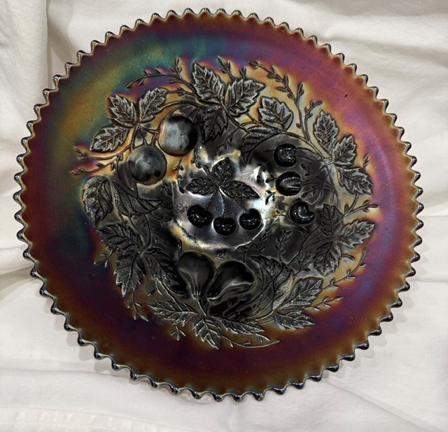 Antique Northwood Carnival Glass Amethyst 8.75″ Fruit Bowl Basketweave Signed N