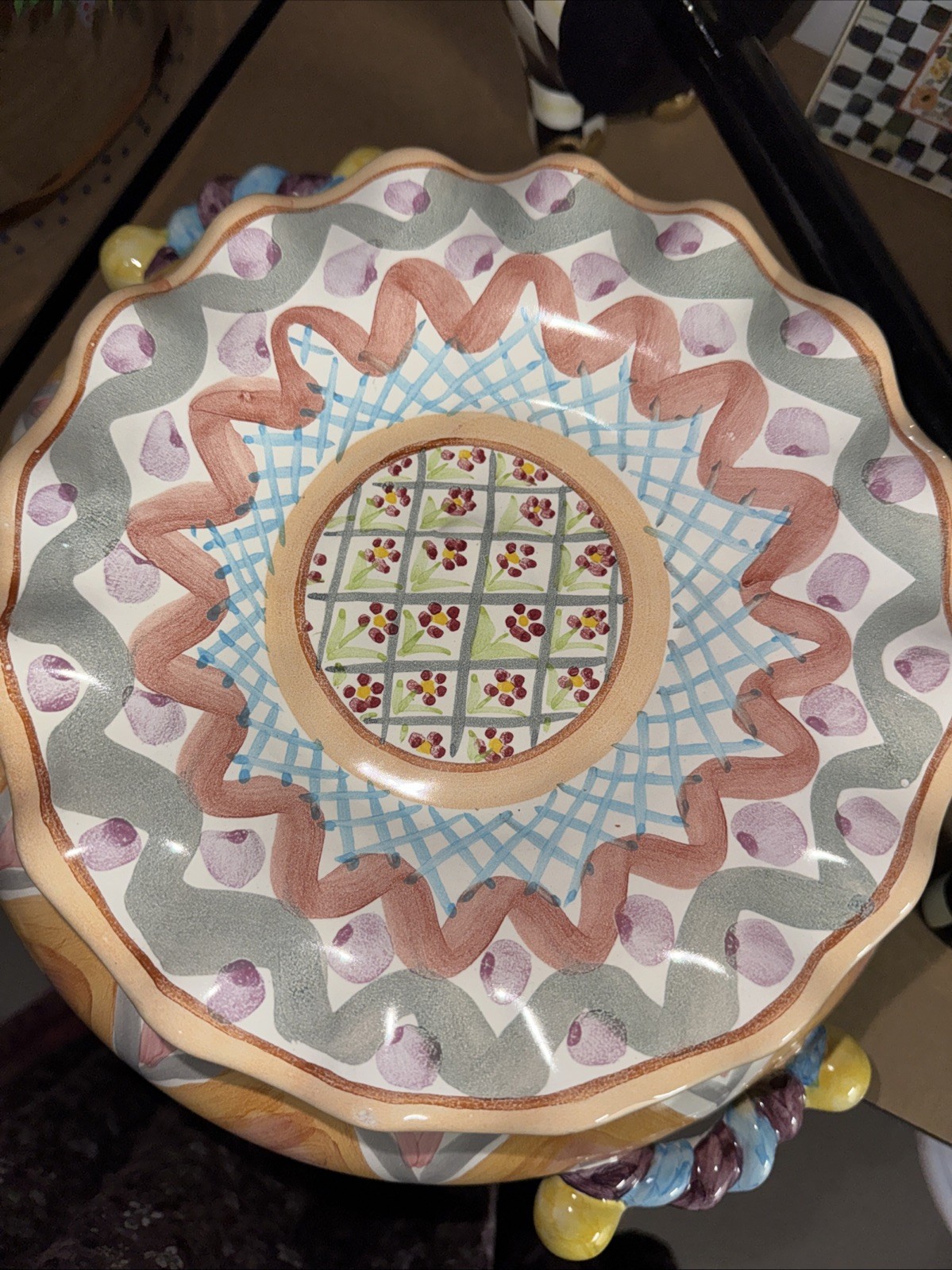 Mackenzie Childs Ceramic Taylor Heather Check Fluted 9” Handmade Vintage