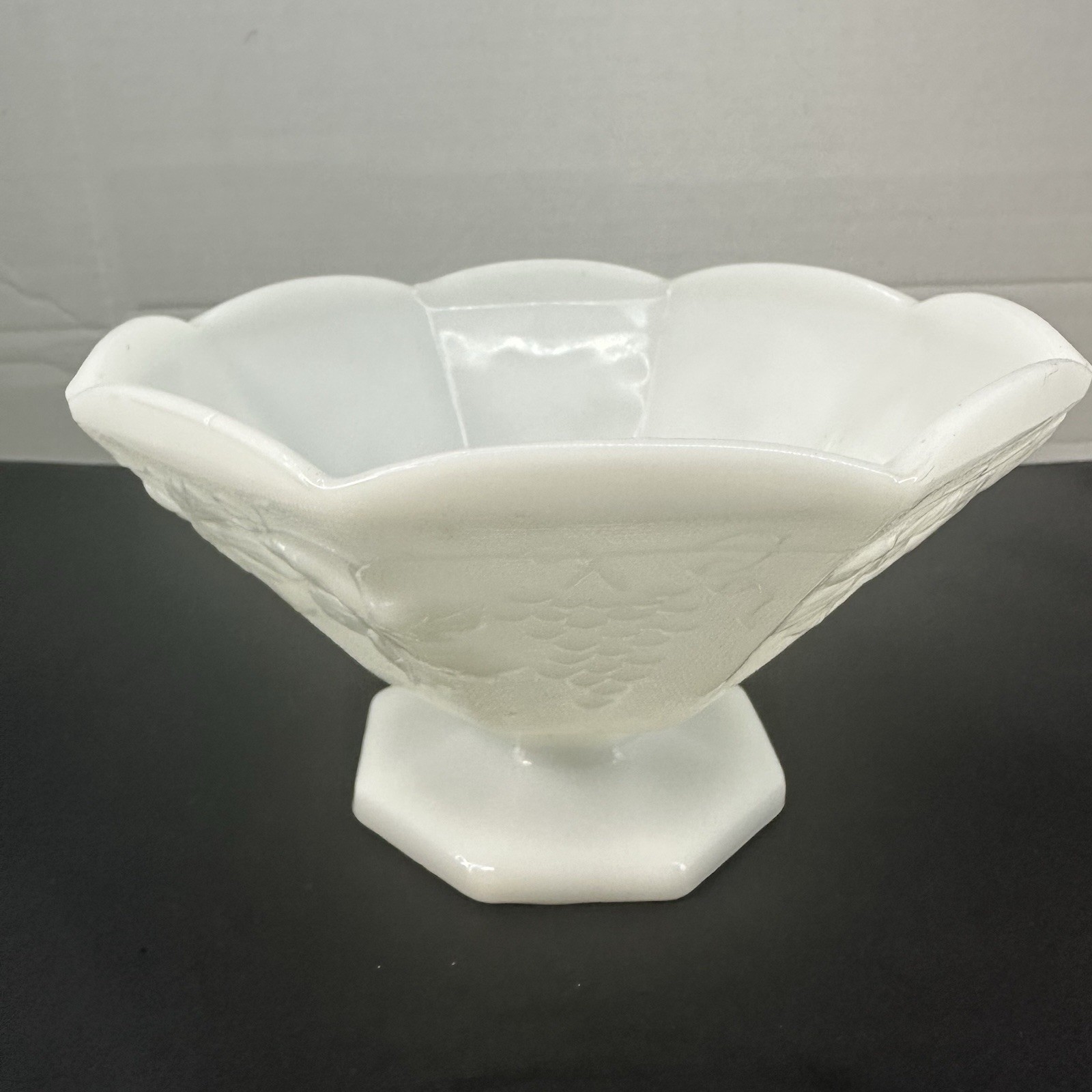 Milk Glass Grapes and Leaves Footed Pedestal Fruit Bowl Octagon 9″