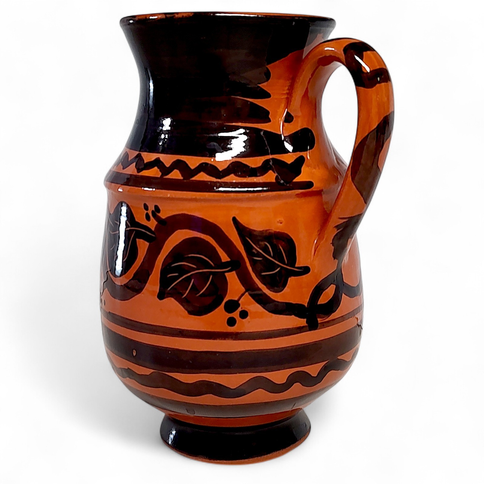 Hand Thrown Terracotta Glazed Pottery Pitcher Orange/Black Hand Painted 6″