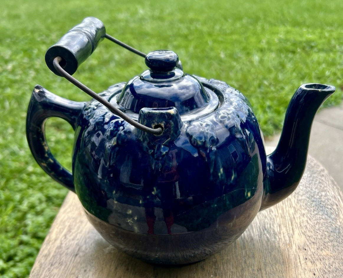 Cobalt Blue Yellow Ware Tea Pot 19th Century American Rare Blue Glaze Circa 1880
