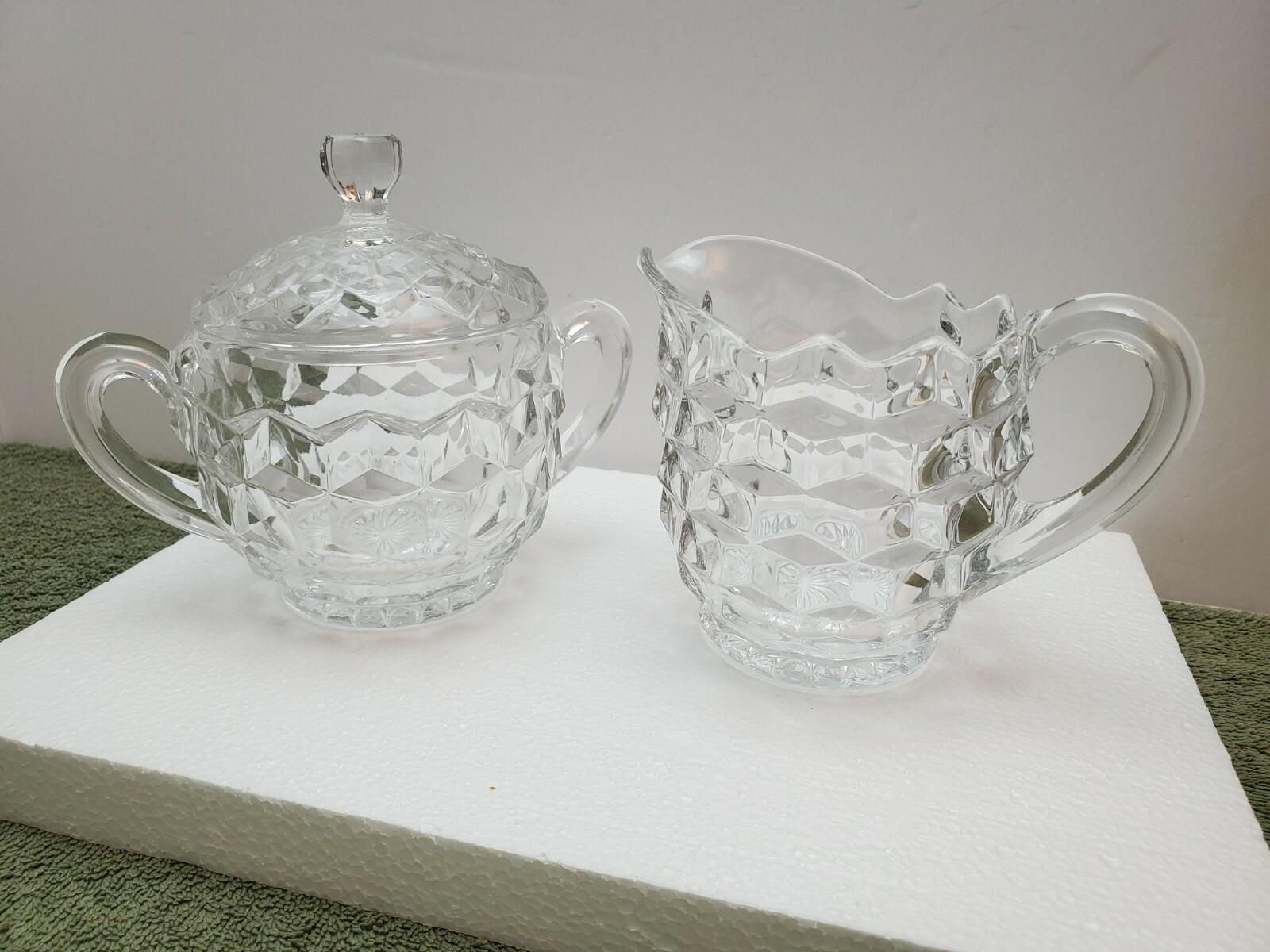 Vintage Fostoria American Clear Glass Cream and Sugar Set with Lid Exc. Cond.