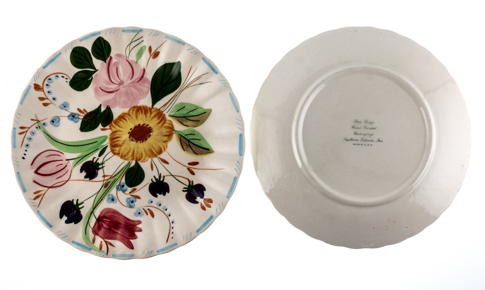 2 VTG Blue Ridge Southern Potteries Dinner Plates Grandmother’s Garden 10.25″