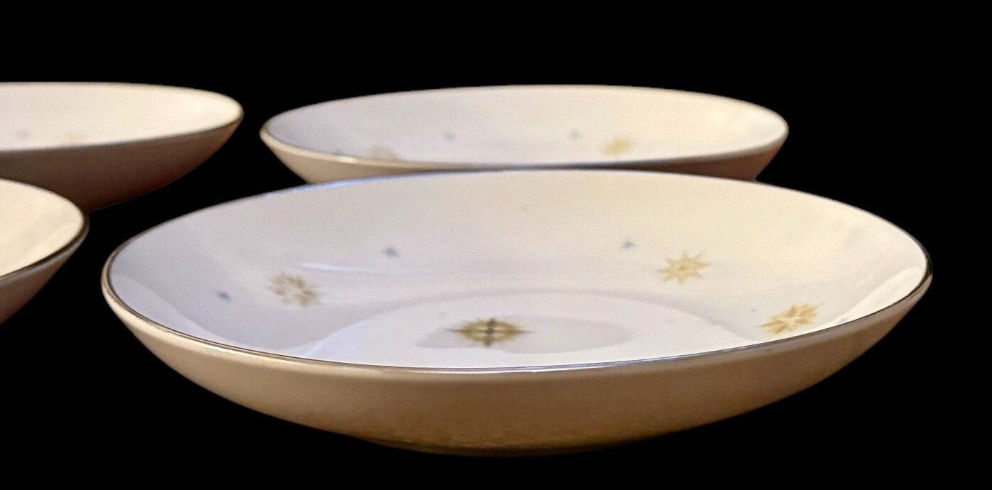 4 Vtg Wentworth Coup Soup Bowls Japan Ecstasy (Starburst) 7.5” Silver Trim – EUC