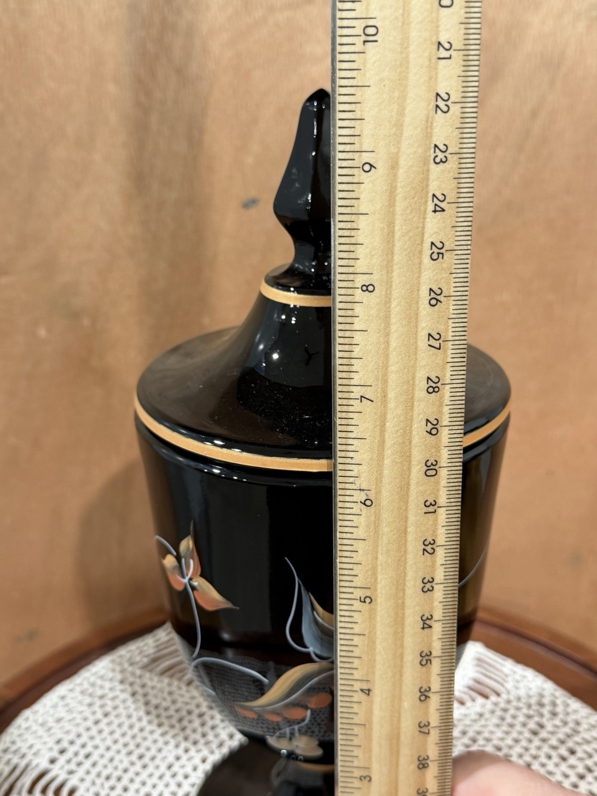 Fenton 1994 Black Hand Painted Lidded Urn Candy Dish J.K. Spindler #1325