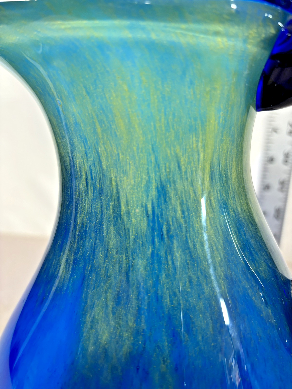 Hand Blown Murano 3 Sided Cased Cobalt Blue to Yellow Glass Pitcher #2